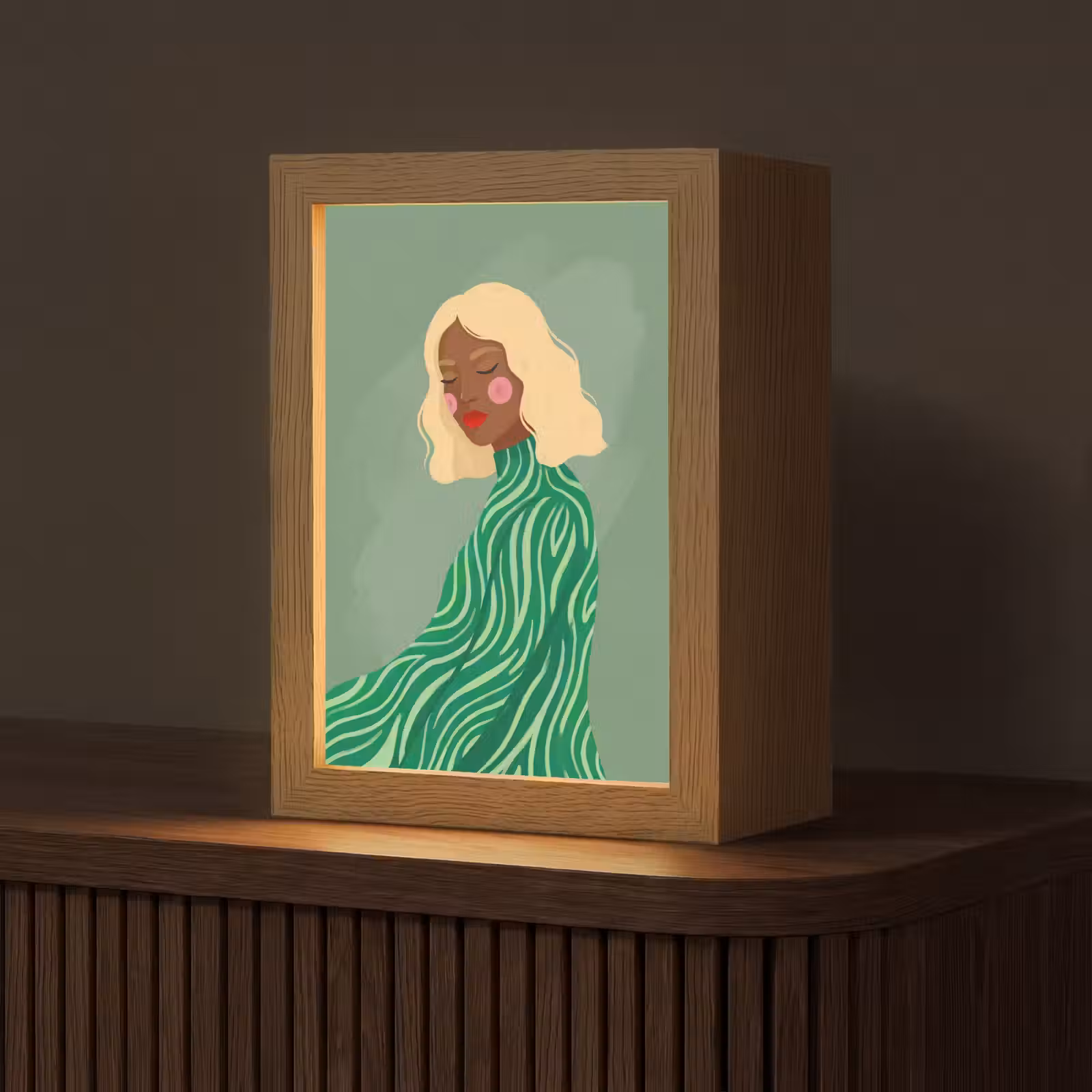 Personalisierte Lightbox - Frau – Porträt – Illustration – Modern – Grün - Vrouw - Portret - Illustratie - Modern - Groen Light Box met kabel (Tafellamp) klein