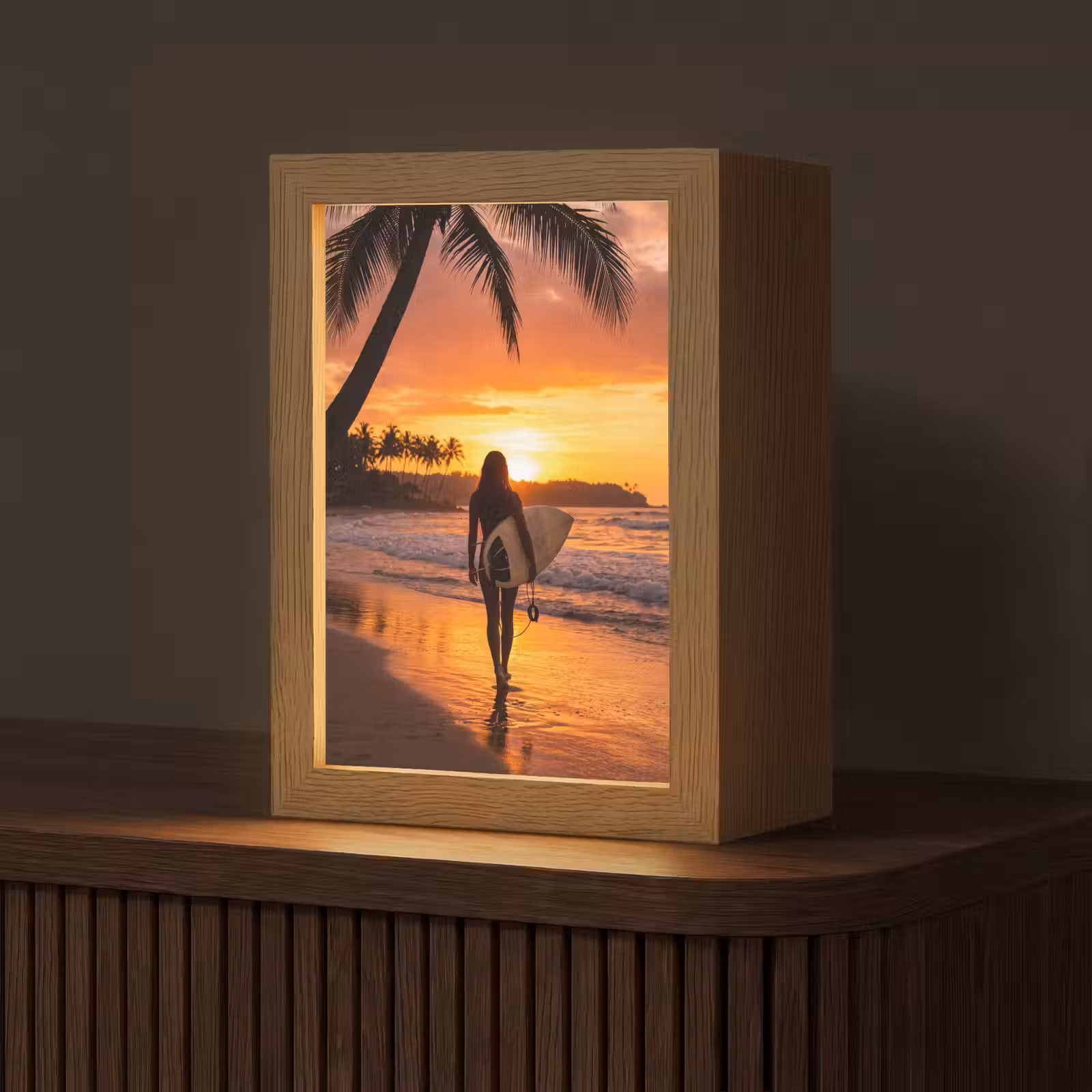 Personalisierte Lightbox - Frau – Surfbrett – Strand – Sonnenuntergang – Orange - Vrouw - Surfplank - Strand - Zonsondergang - Oranje Light Box met kabel (Tafellamp) klein