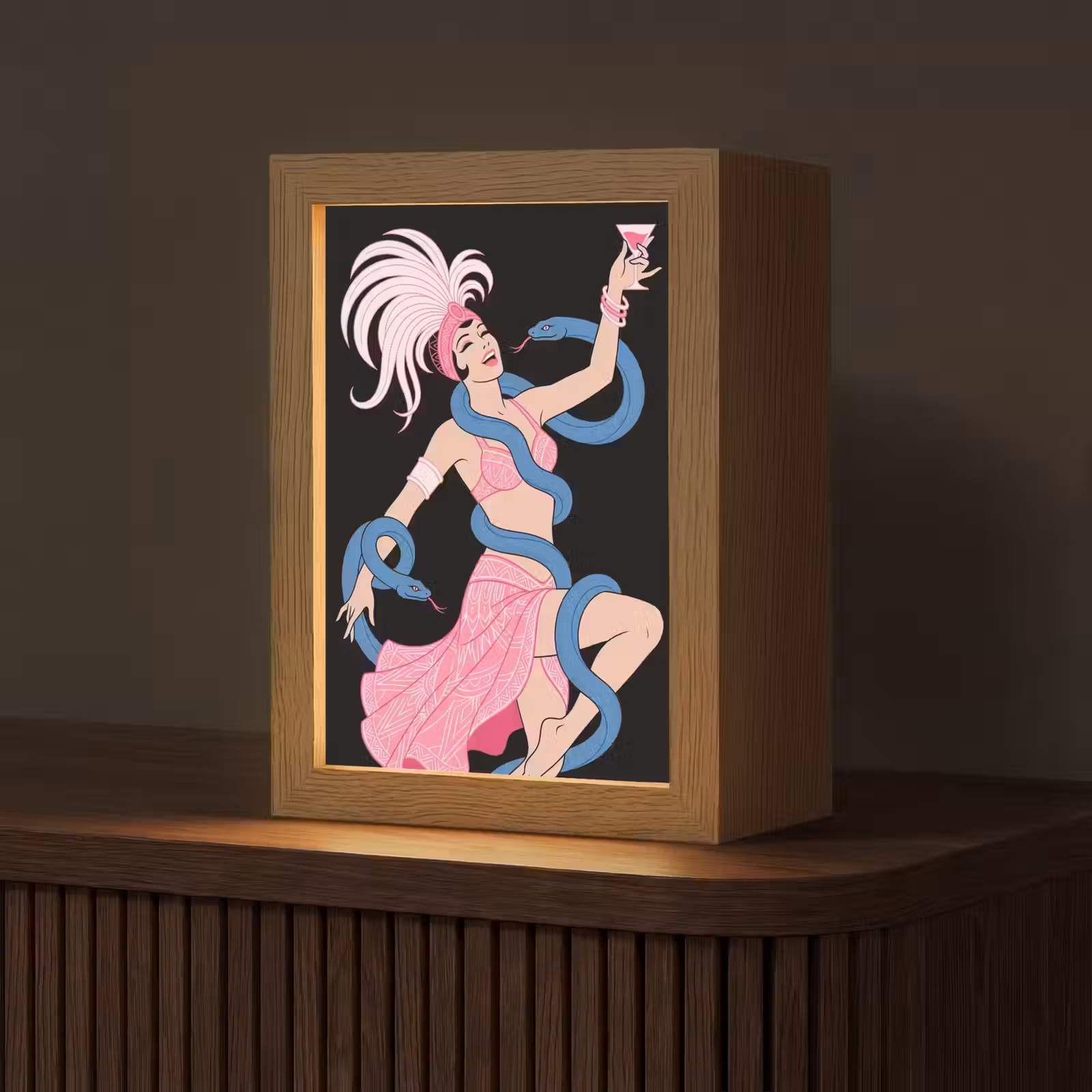 Personalisierte Lightbox - Frau – Tänzerin – Schlangen – Art Déco – Rosa - Vrouw - Danseres - Slangen - Art Deco - Roze Light Box met kabel (Tafellamp) klein