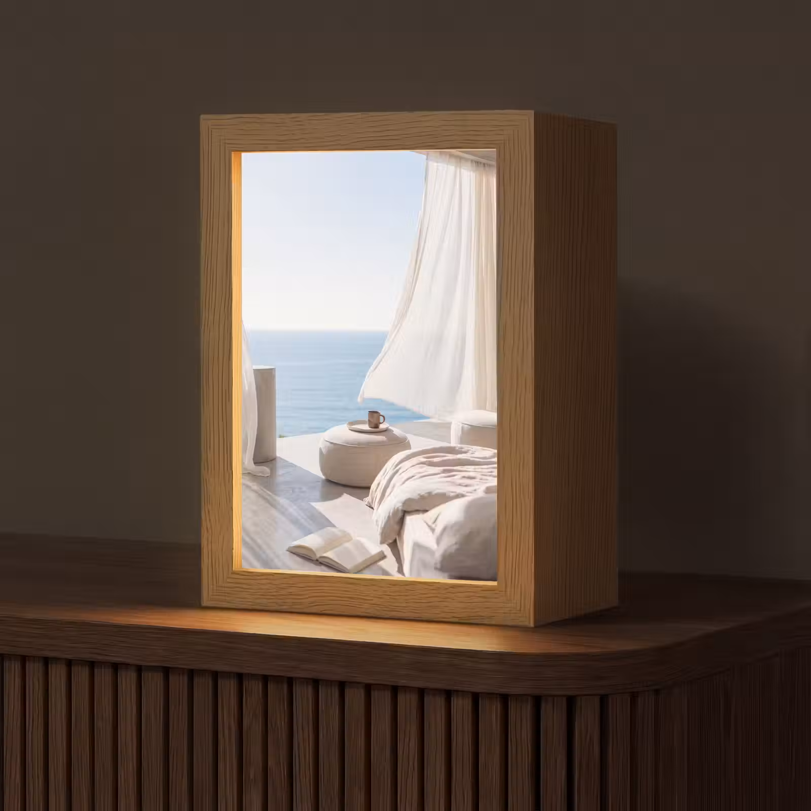 Personalisierte Lightbox - Innenausstattung – Meerblick – Modern – Ruhe – Beige - Interieur - Zeezicht - Modern - Rust - Beige Light Box met kabel (Tafellamp) klein