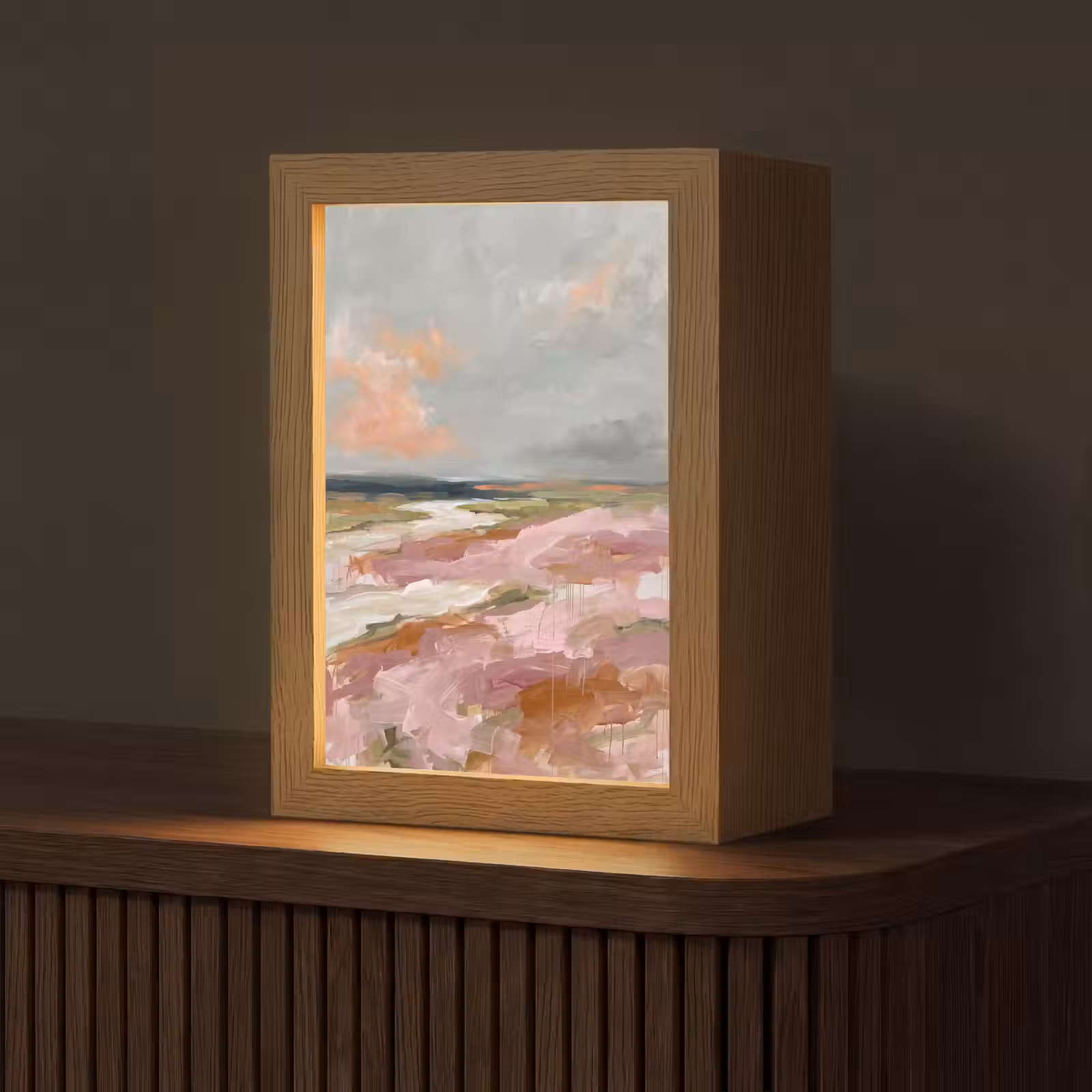 Personalisierte Lightbox - Landschaft – Fluss – Abstrakt – Rosa – Grün - Landschap - Rivier - Abstract - Roze - Groen Light Box met kabel (Tafellamp) klein