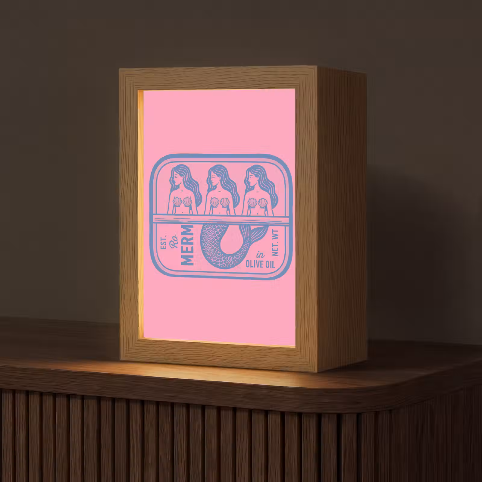 Personalisierte Lightbox - Meerjungfrau – Sardinendose – Illustration – Rosa – Retro - Meermin - Sardineblik - Illustratie - Roze - Retro Light Box met kabel (Tafellamp) klein