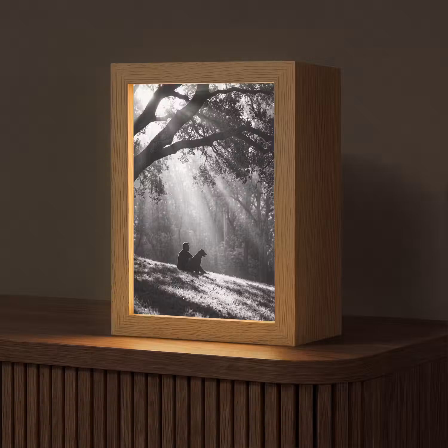 Mens - Hond - Natuur - Zwart-wit - Silhouet Light Box met kabel (Tafellamp) klein -z3d_website