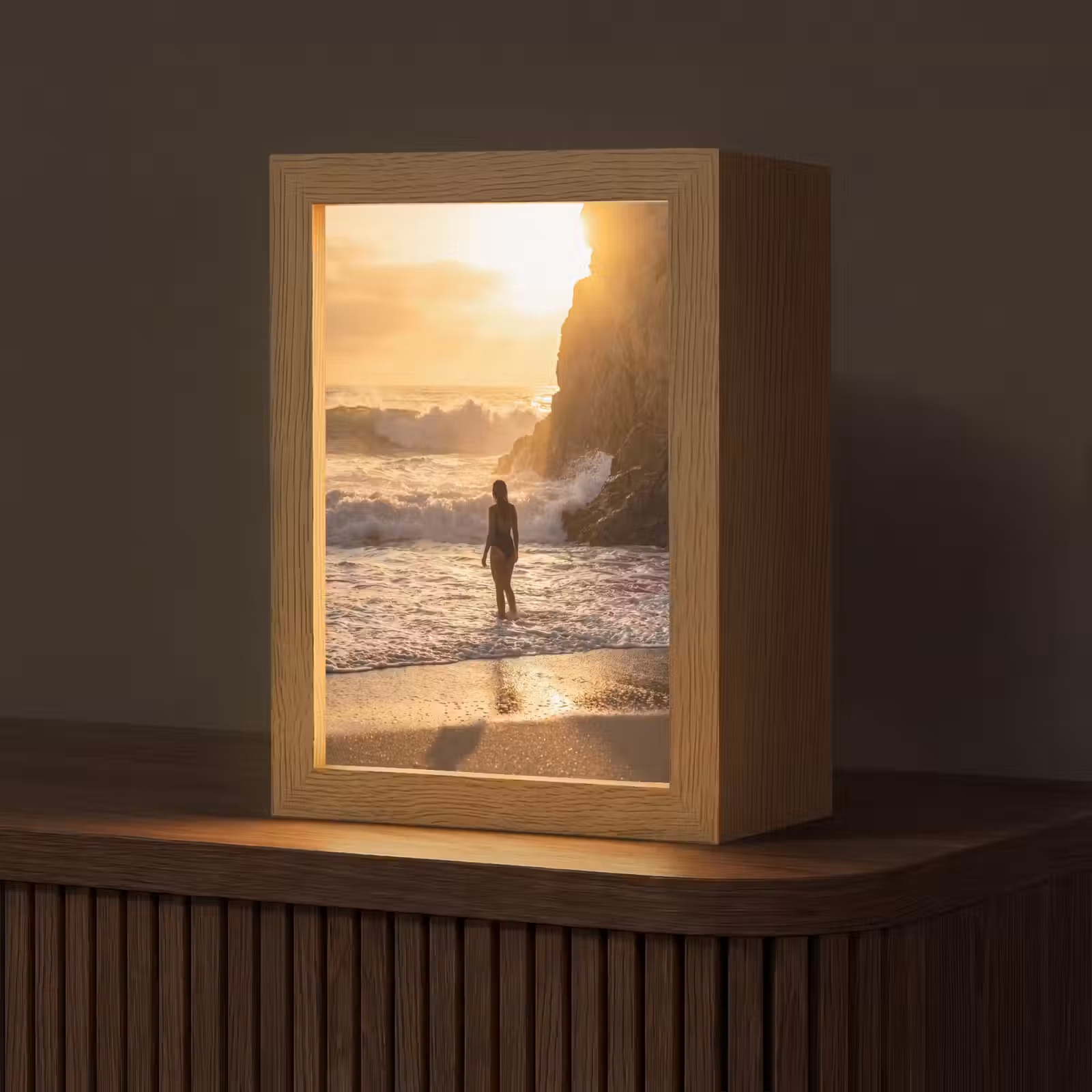 Personalisierte Lightbox - Menschen – Ozean – Sonnenuntergang – Küste – Gold - Mensen - Oceaan - Zonsondergang - Kust - Goud Light Box met kabel (Tafellamp) klein