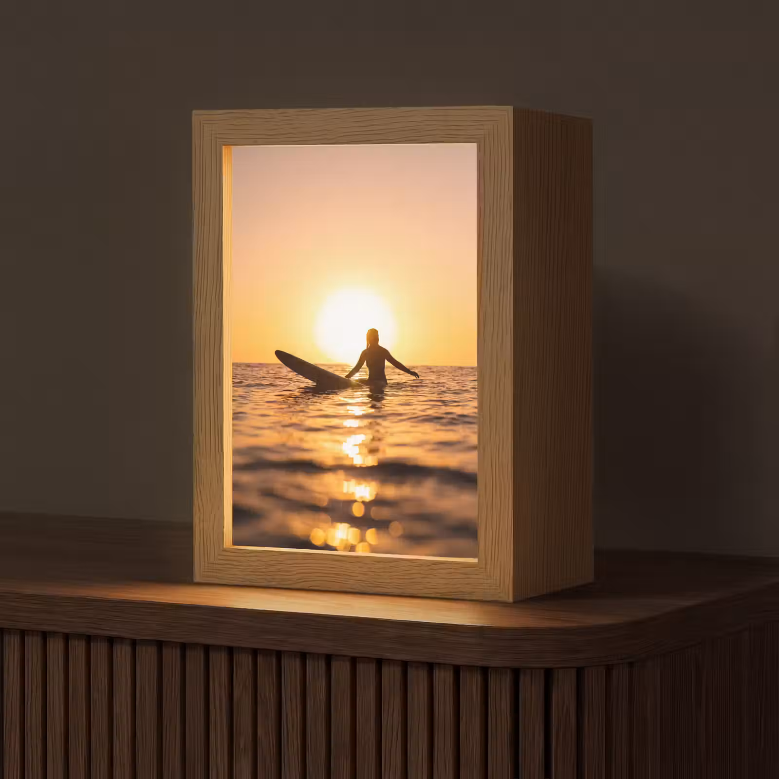 Personalisierte Lightbox - Person – Surfen – Sonnenuntergang – Meer – Orange - Persoon - Surfen - Zonsondergang - Zee - Oranje Light Box met kabel (Tafellamp) klein