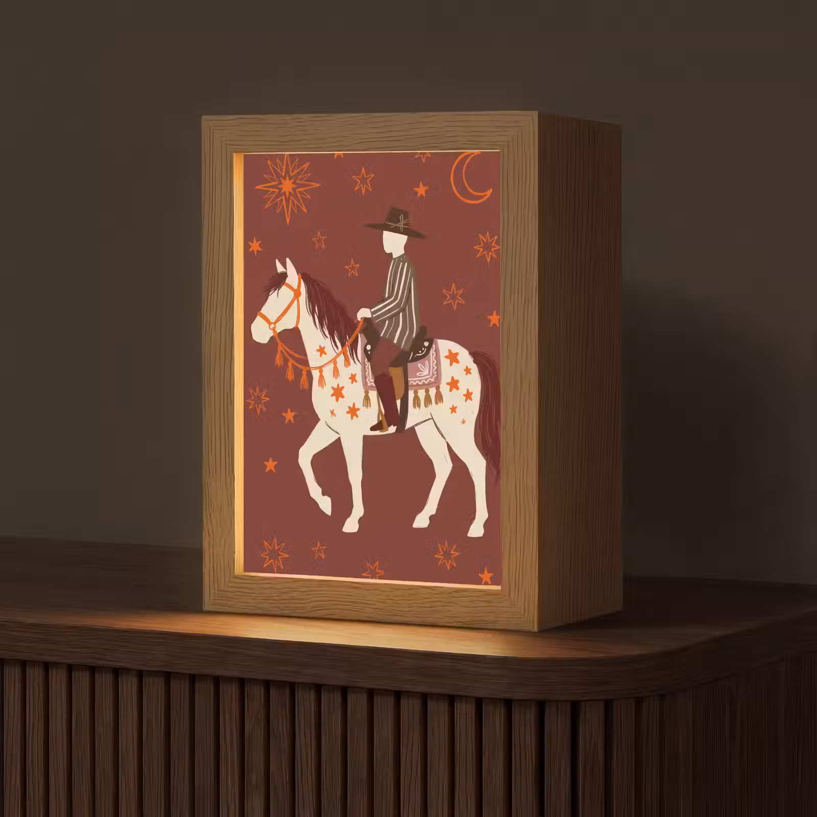 Personalisierte Lightbox - Pferd – Reiter – Sterne – Nacht – Illustration - Paard - Ruiter - Sterren - Nacht - Illustratie Light Box met kabel (Tafellamp) klein