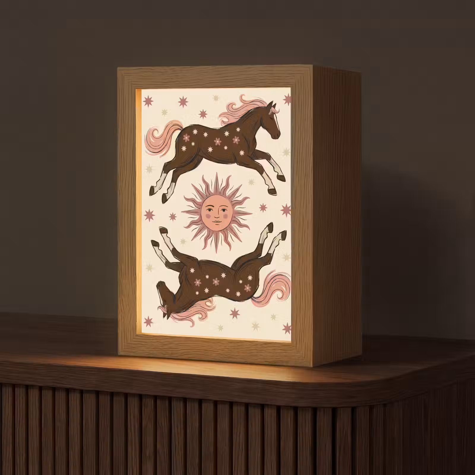 Personalisierte Lightbox - Pferd – Sonne – Mystik – Illustration – Rosa - Paard - Zon - Mystiek - Illustratie - Roze Light Box met kabel (Tafellamp) klein