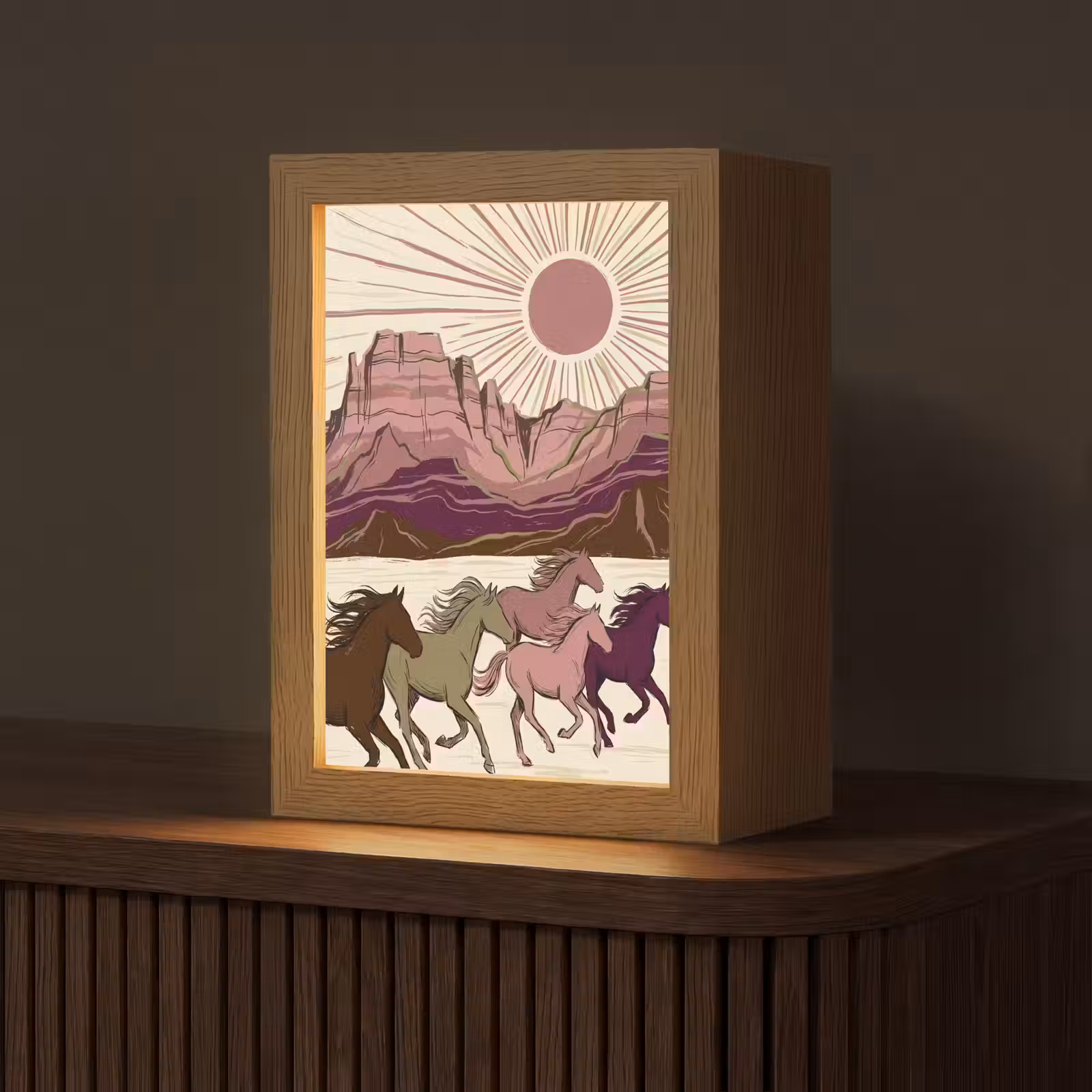 Personalisierte Lightbox - Pferde – Laufend – Wüste – Natur – Abstrakt - Paarden - Rennend - Woestijn - Natuur - Abstract Light Box met kabel (Tafellamp) klein