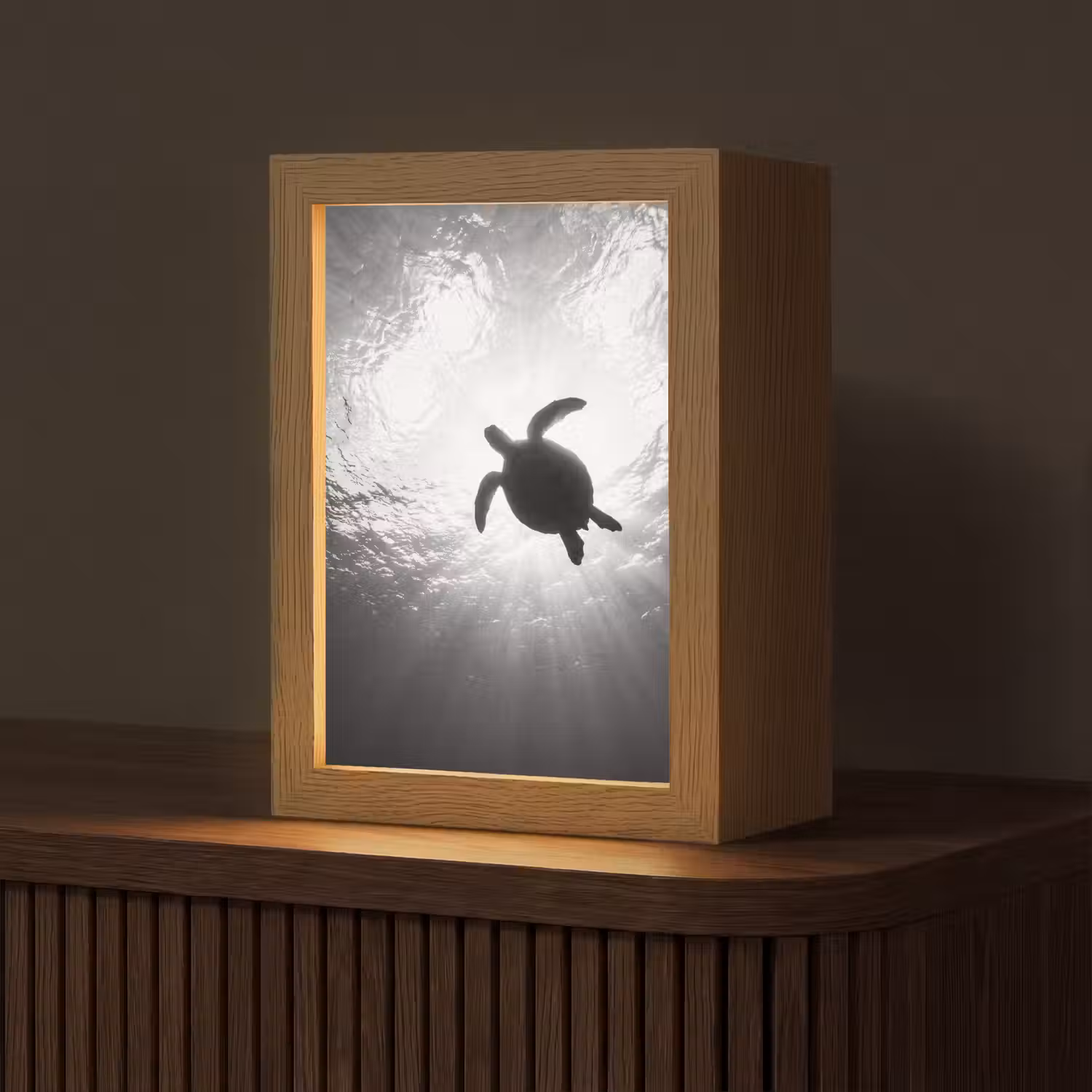 Schildpad - Onderwater - Lichtstralen - Oceaan - Zwart-wit Light Box met kabel (Tafellamp) klein -z3d_website