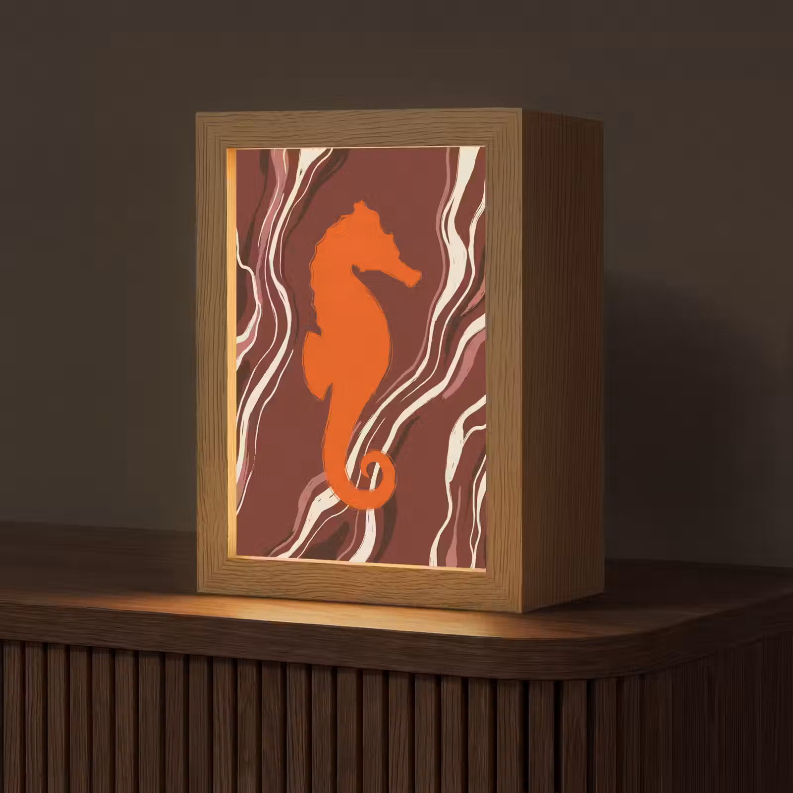 Personalisierte Lightbox - Seepferdchen – Wellen – Meeresleben – Abstrakt – Orange - Zeepaardje - Golven - Zeeleven - Abstract - Oranje Light Box met kabel (Tafellamp) klein
