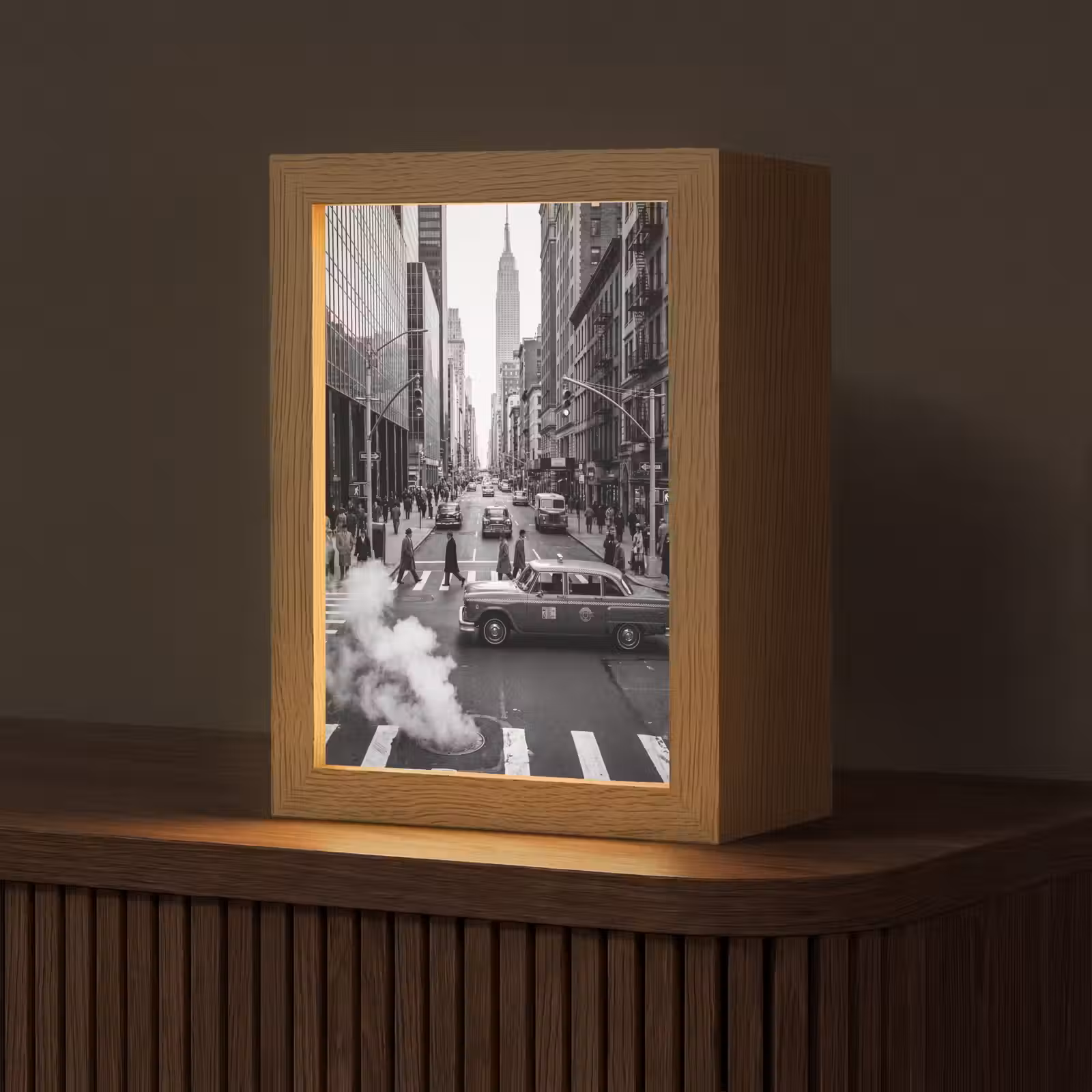 Personalisierte Lightbox - Stadt – Straße – Gebäude – Verkehr – Schwarz-Weiß - Stad - Straat - Gebouwen - Verkeer - Zwart-wit Light Box met kabel (Tafellamp) klein