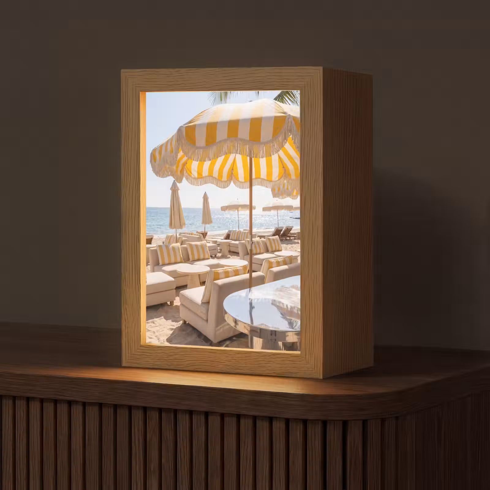 Personalisierte Lightbox - Strand – Liegestühle – Urlaub – Modern – Gelb - Strand - Ligbedden - Vakantie - Modern - Geel Light Box met kabel (Tafellamp) klein