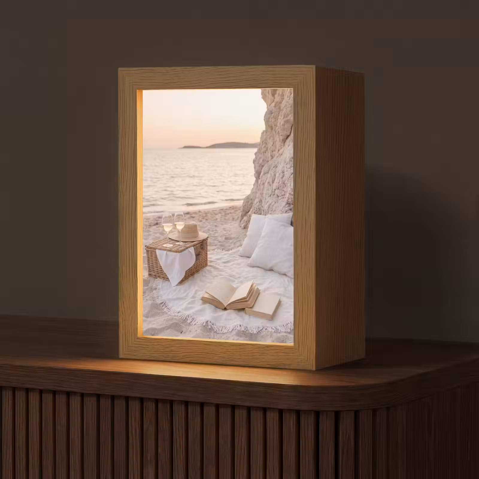 Personalisierte Lightbox - Strand – Picknick – Sonnenuntergang – Sommer – Natur - Strand - Picknick - Zonsondergang - Zomer - Natuur Light Box met kabel (Tafellamp) klein