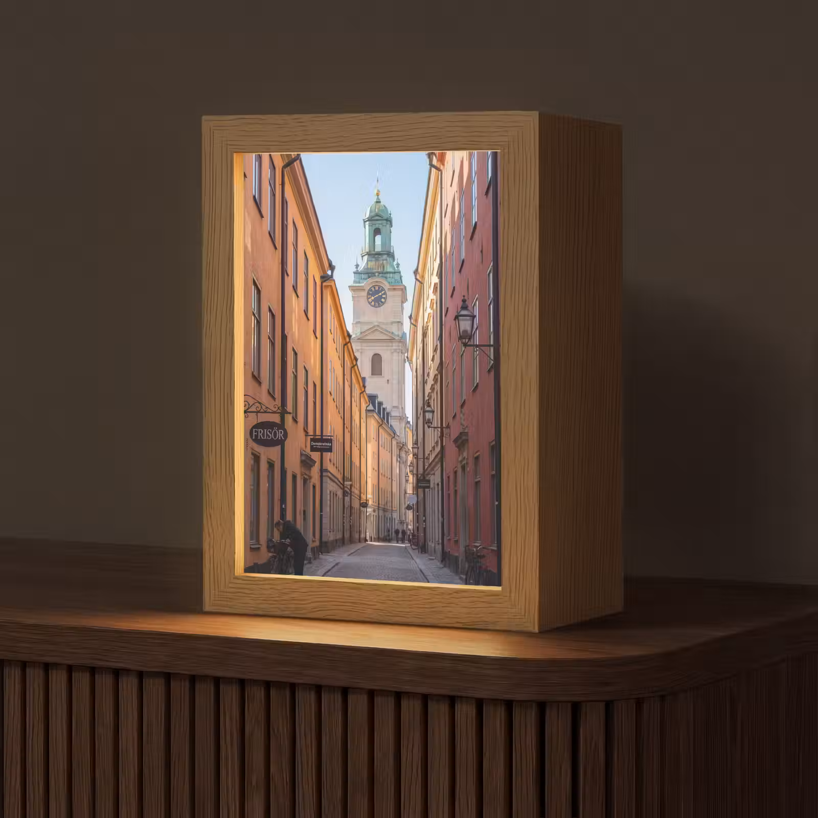 Personalisierte Lightbox - Straße – Glockenturm – Stadt – Architektur – Historisch - Straat - Klokkentoren - Stad - Architectuur - Historisch Light Box met kabel (Tafellamp) klein