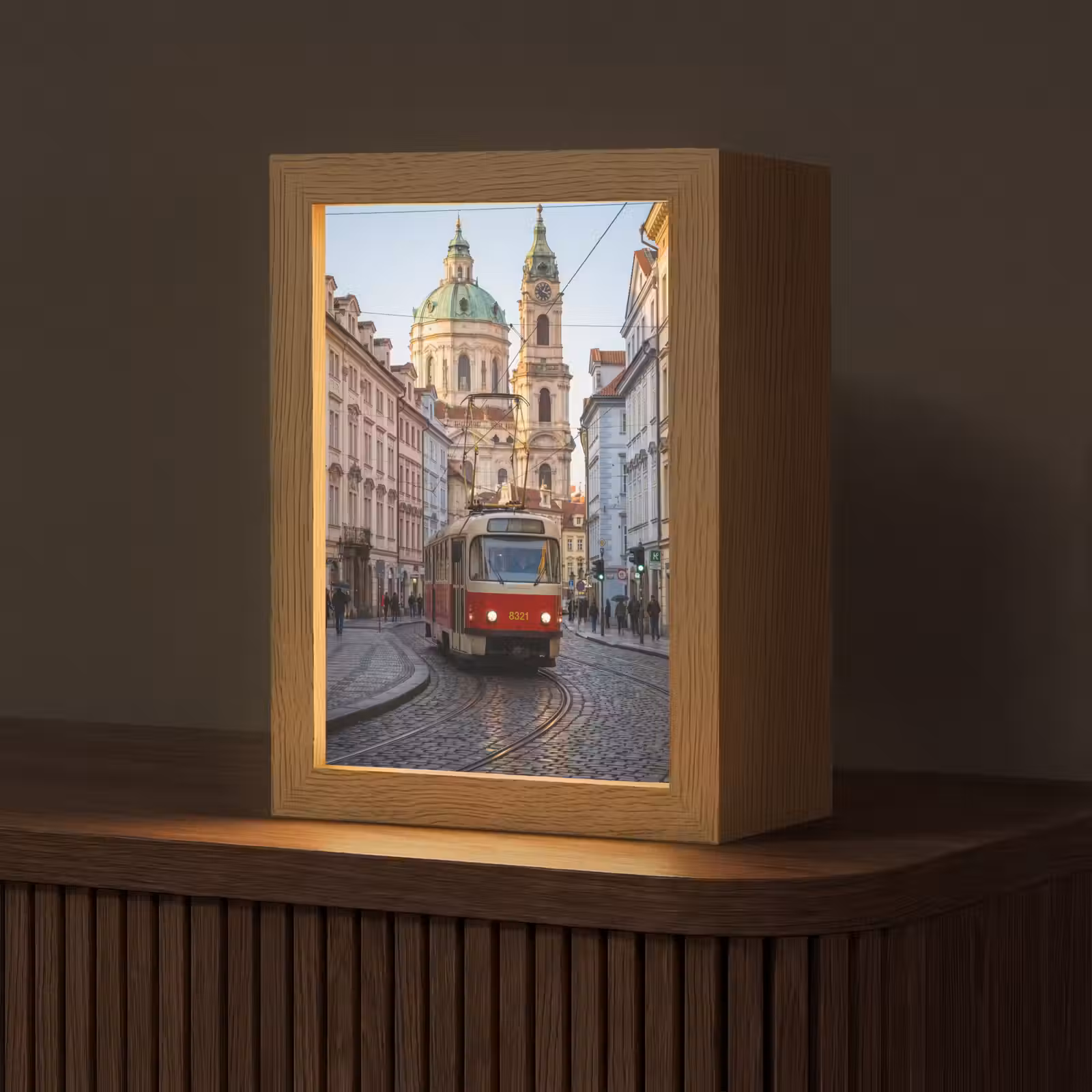 Personalisierte Lightbox - Straßenbahn – Straße – Stadtansicht – Klassisch – Rot - Tram - Straat - Stadsgezicht - Klassiek - Rood Light Box met kabel (Tafellamp) klein