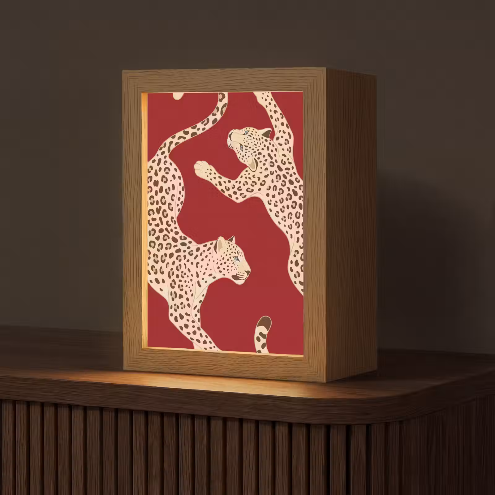 Personalisierte Lightbox - Tiere – Leopard – Abstrakt – Rot – Modern - Dieren - Luipaard - Abstract - Rood - Modern Light Box met kabel (Tafellamp) klein