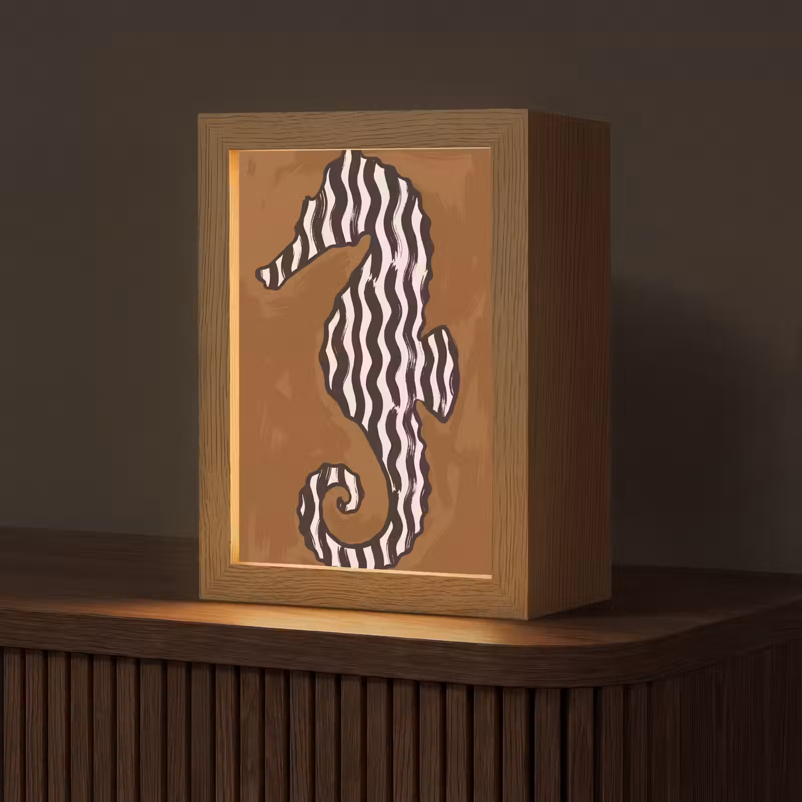 Personalisierte Lightbox - Tiere – Seepferdchen – Abstrakt – Braun – Streifen - Dieren - Zeepaardje - Abstract - Bruin - Strepen Light Box met kabel (Tafellamp) klein