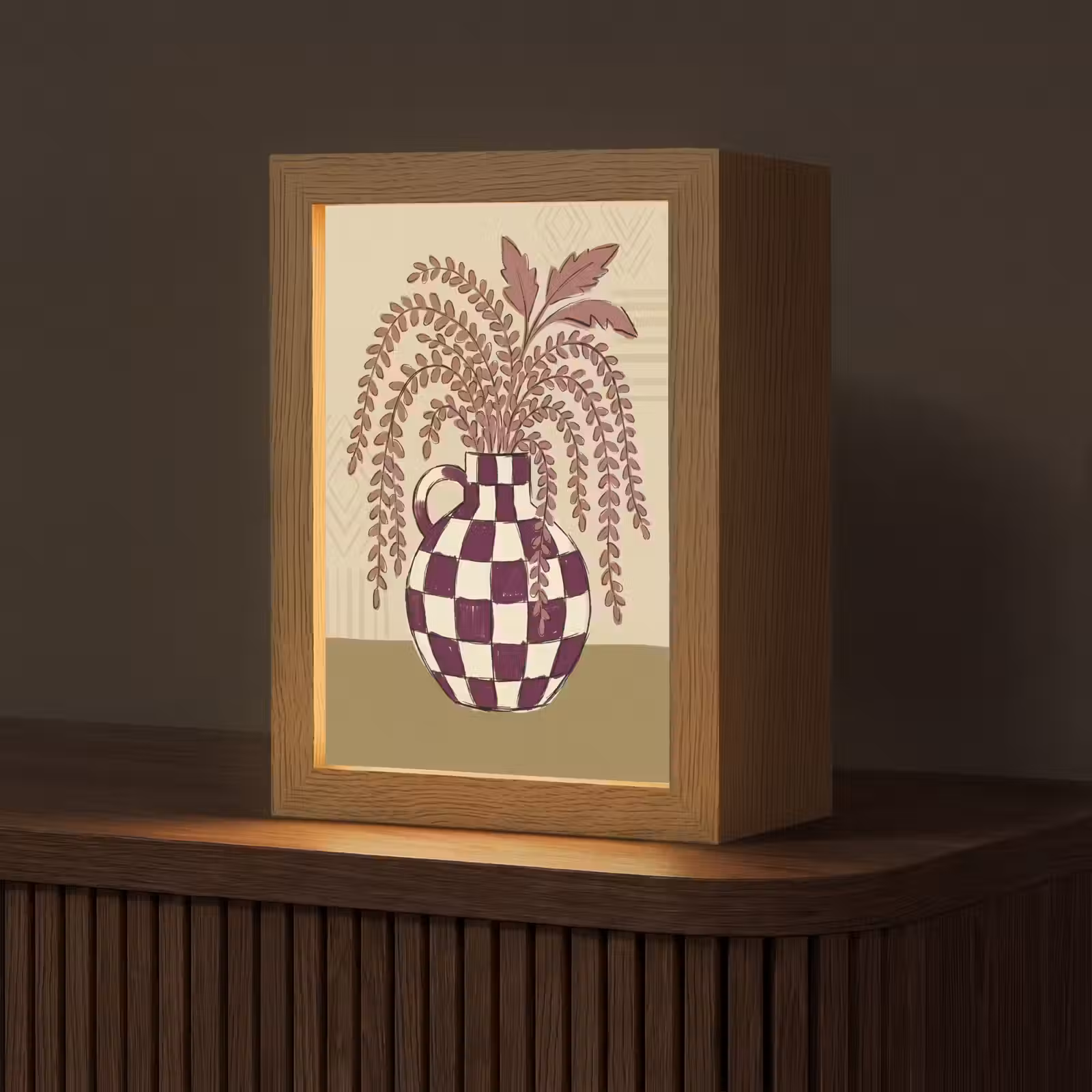 Personalisierte Lightbox - Vase – Kariert – Pflanzen – Modern – Lila - Vaas - Geruit - Planten - Modern - Paars Light Box met kabel (Tafellamp) klein