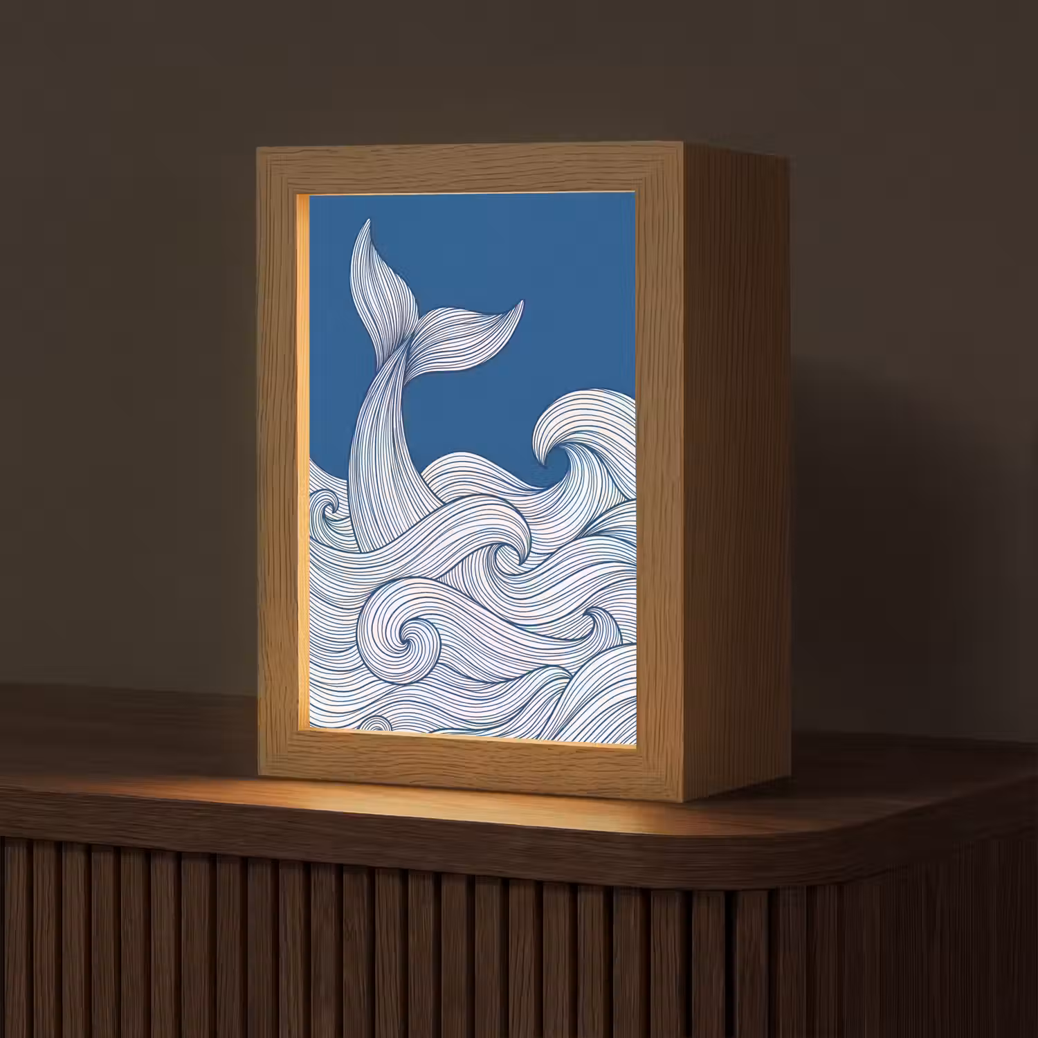 Walvis - Staart - Golven - Lijntekening - Blauw Light Box met kabel (Tafellamp) klein -z3d_website