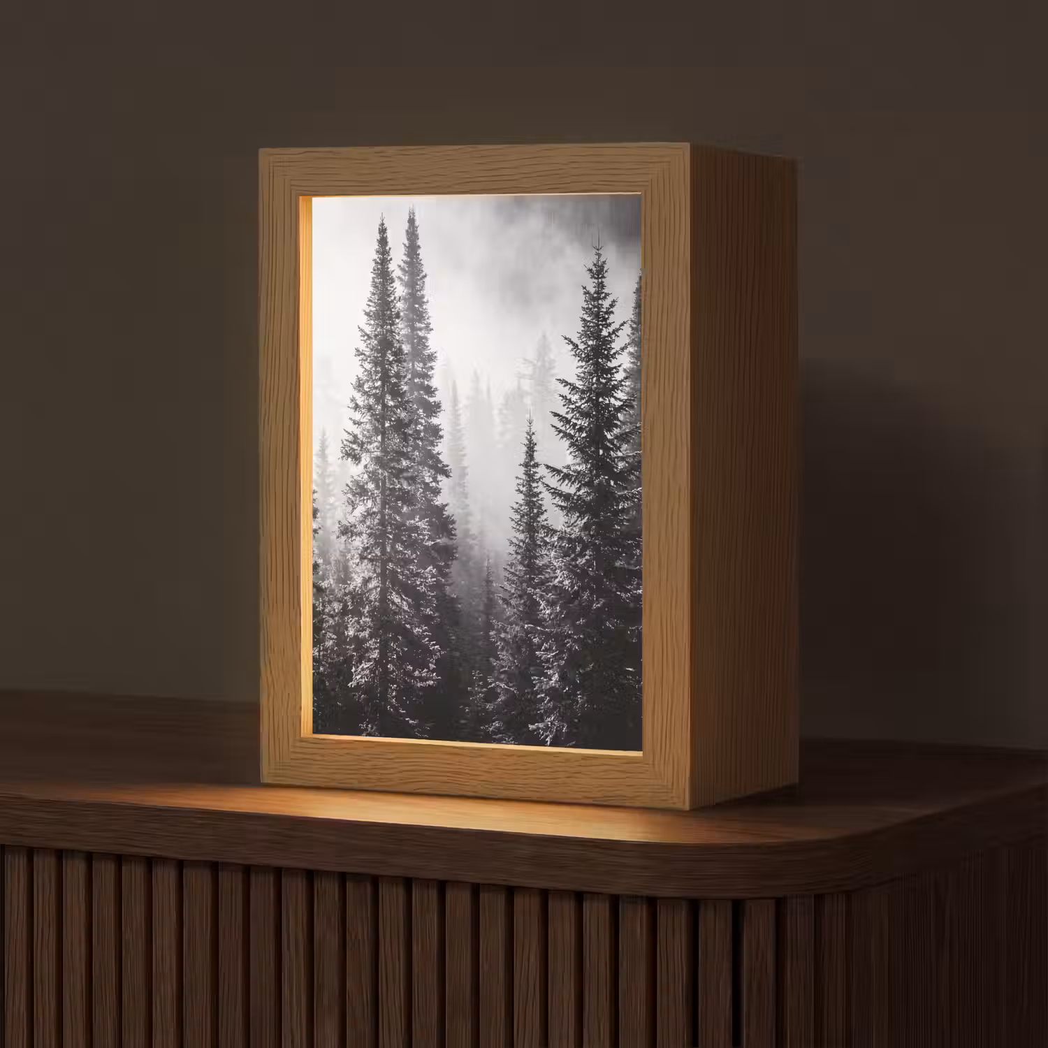 Bos - Mist - Winter - Monochroom - Natuur Light Box met kabel (Tafellamp) klein -z3d_website