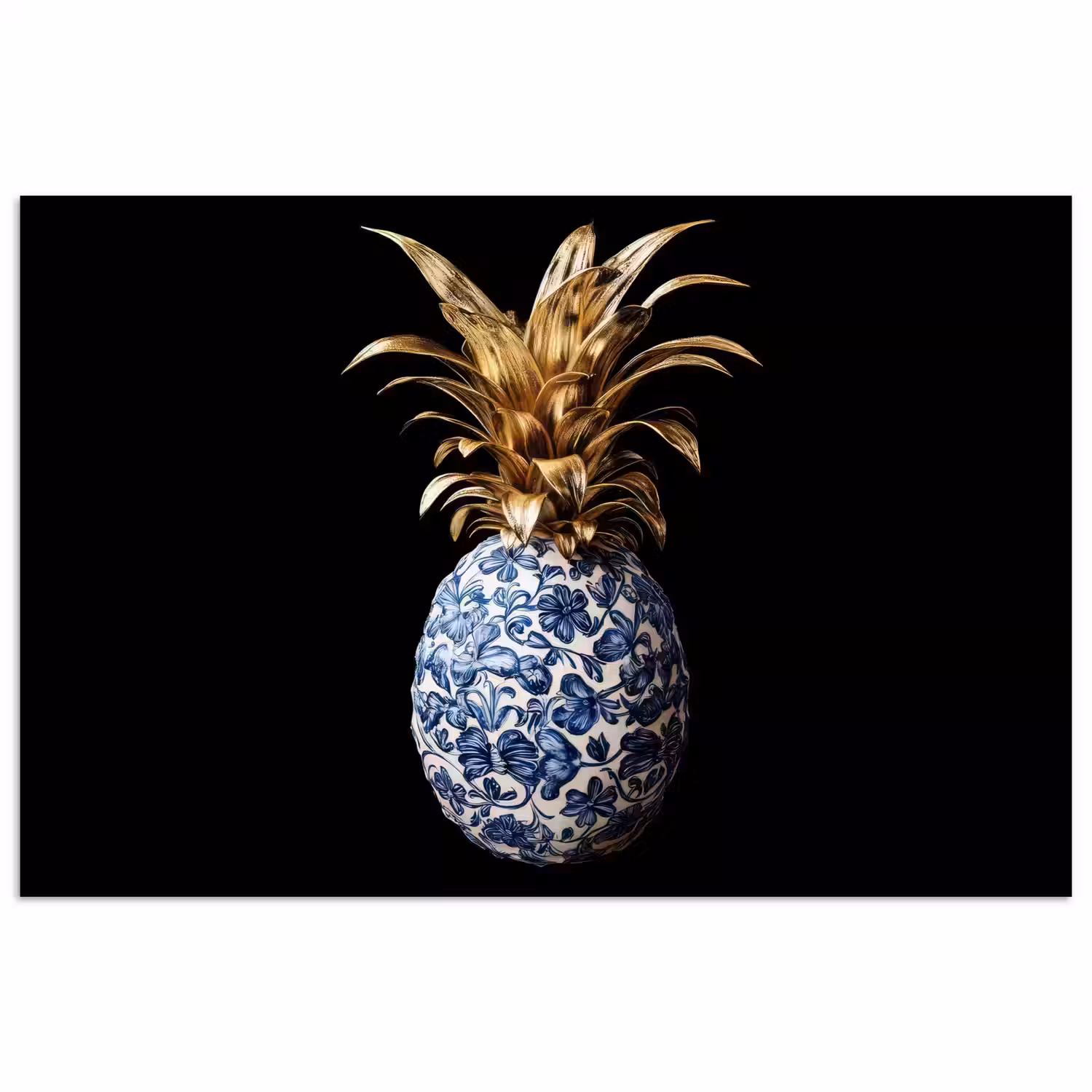 Ananas - Bloemen patroon - Goud - Delftsblauw poster papier klein -3d