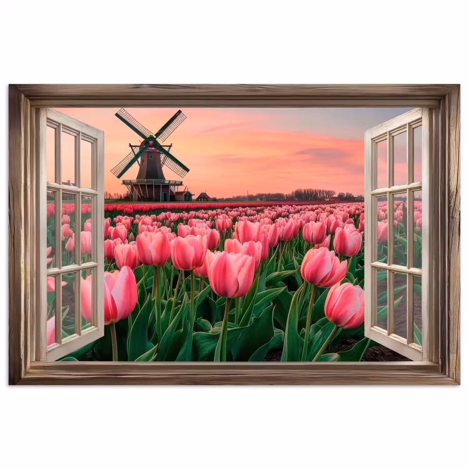 Doorkijk - Tulpen - Bloemen - Molen - Raam poster papier klein -3d
