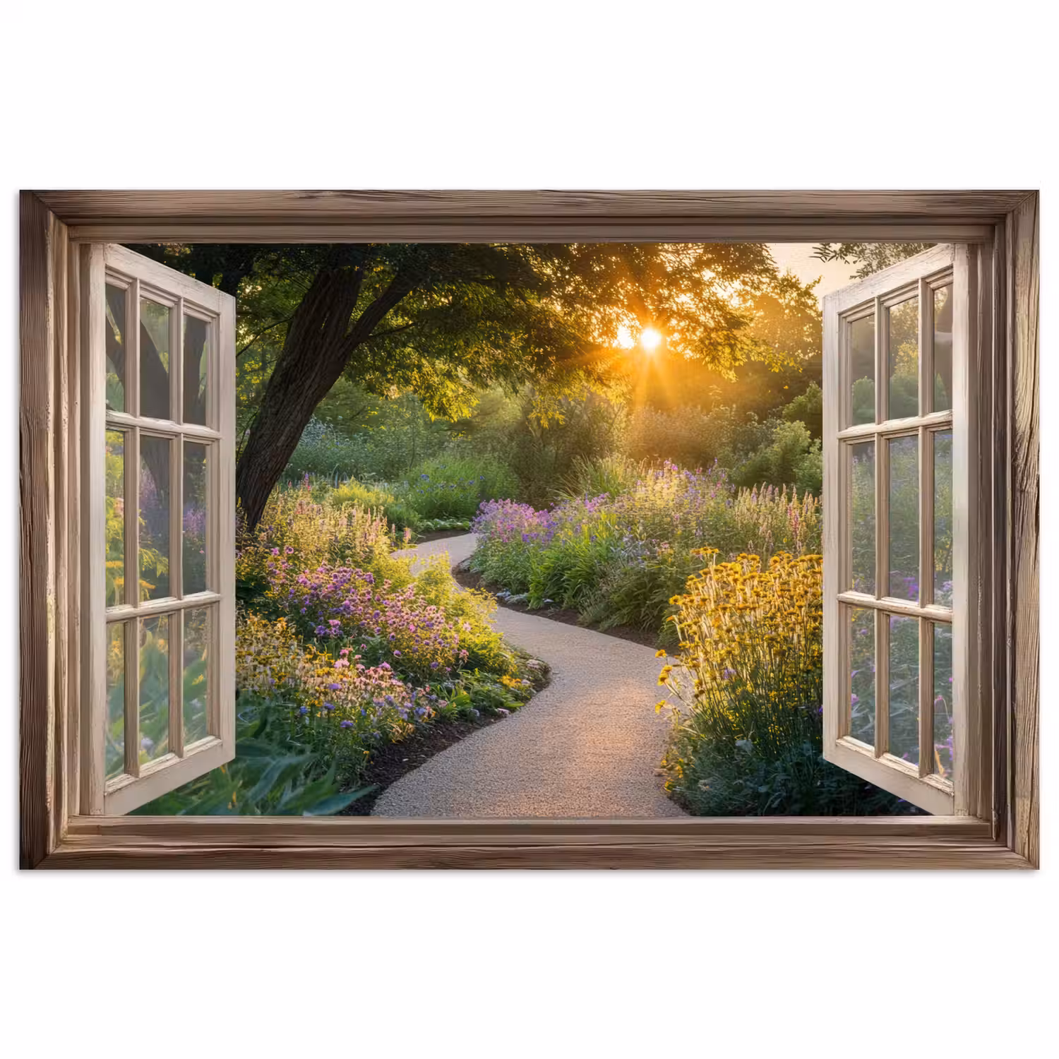 Doorkijk - Bloemen - Natuur - Zon - Pad poster papier klein -3d