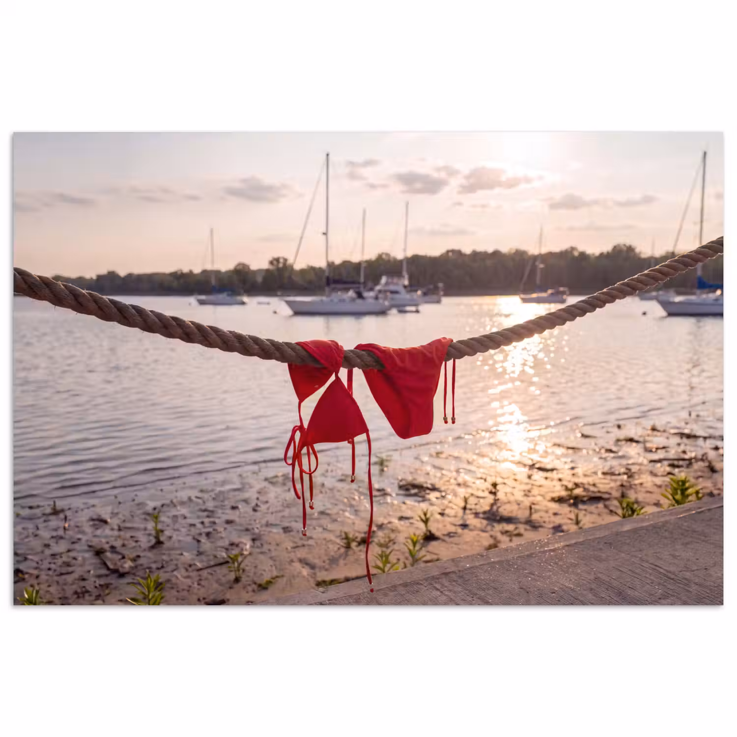 Badkleding - Rood - Zomer - Water - Zonsondergang poster papier klein -3d