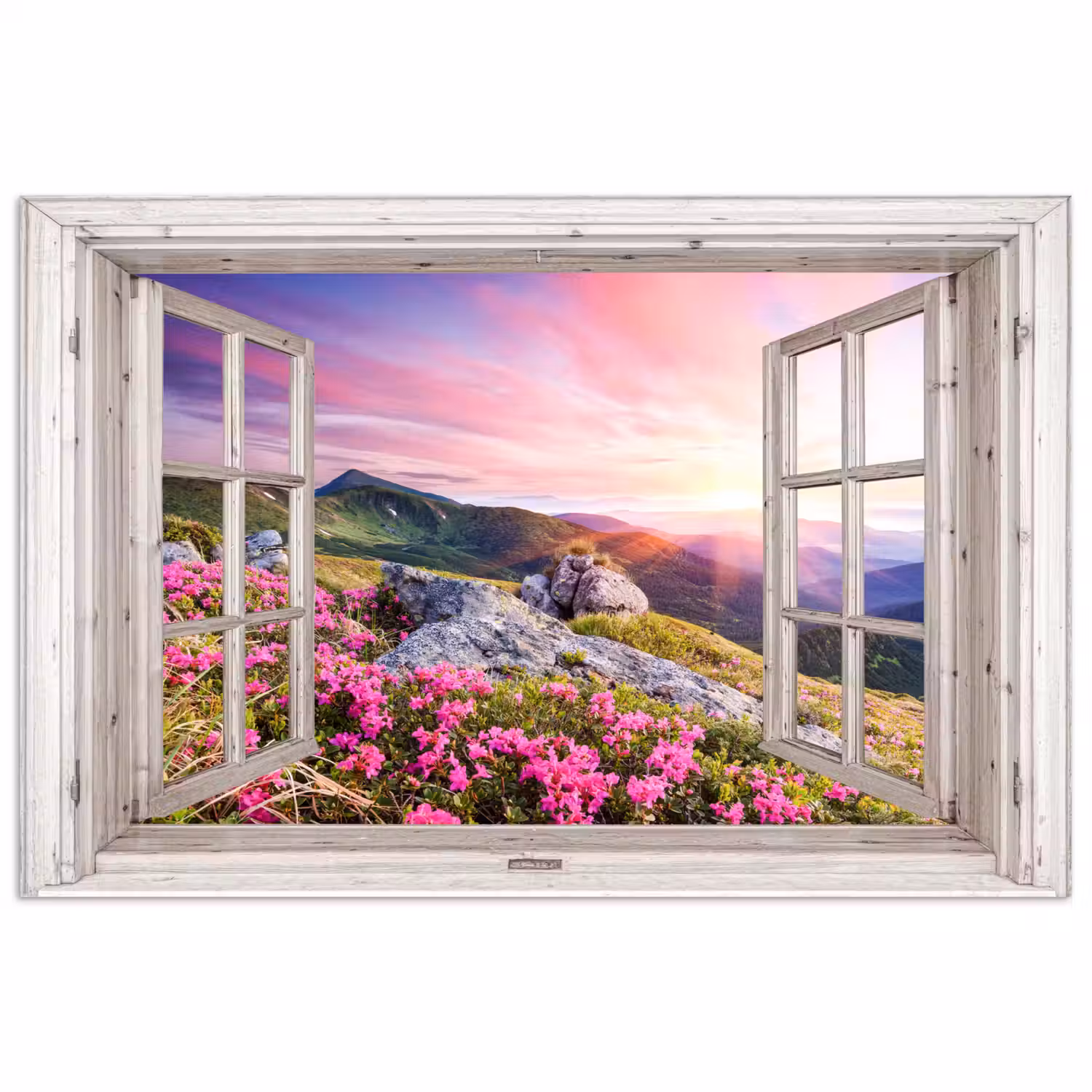 Bergen - Landschap - Doorkijk - Bloemen - Avond - Roze poster papier klein -3d