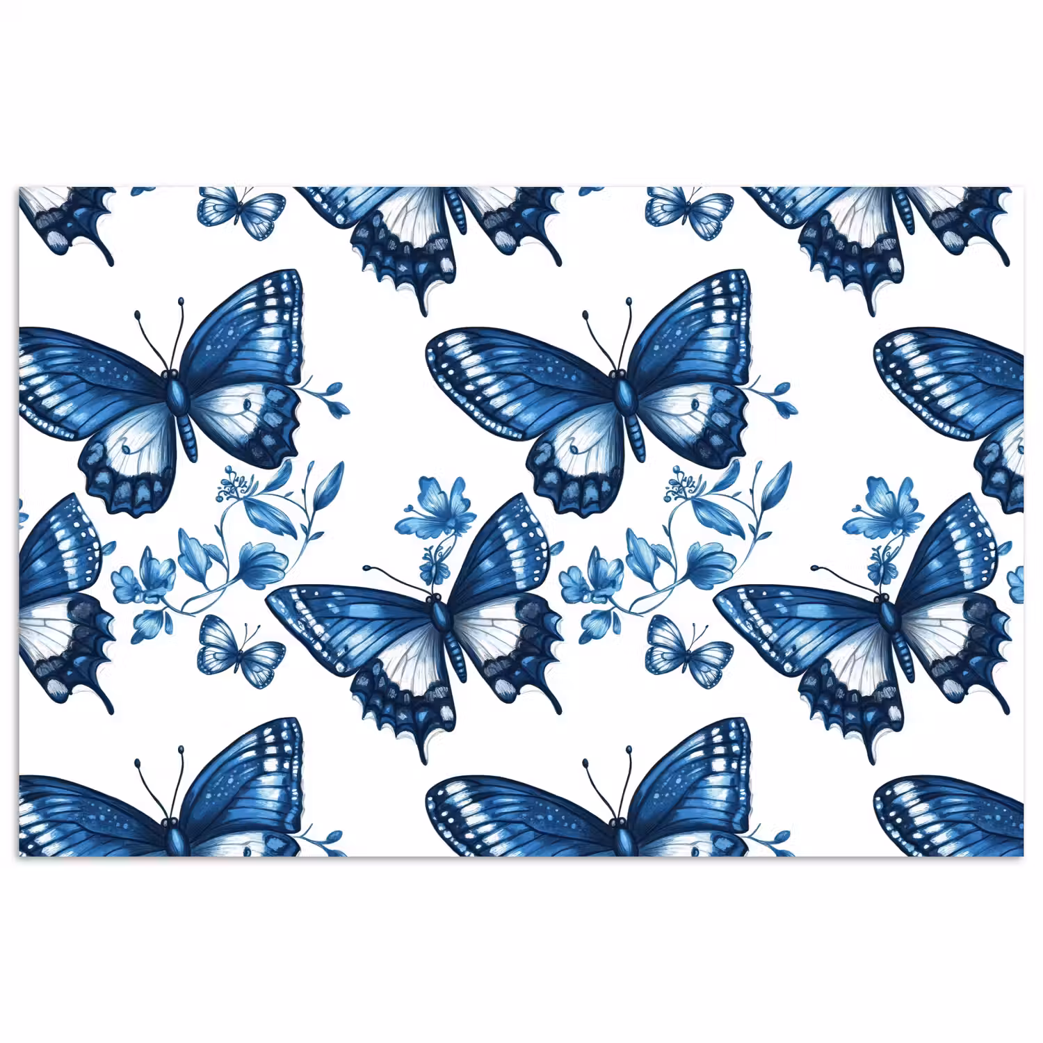 Blauw - Vlinders - Bloemen - Wit poster papier klein 62 -3d