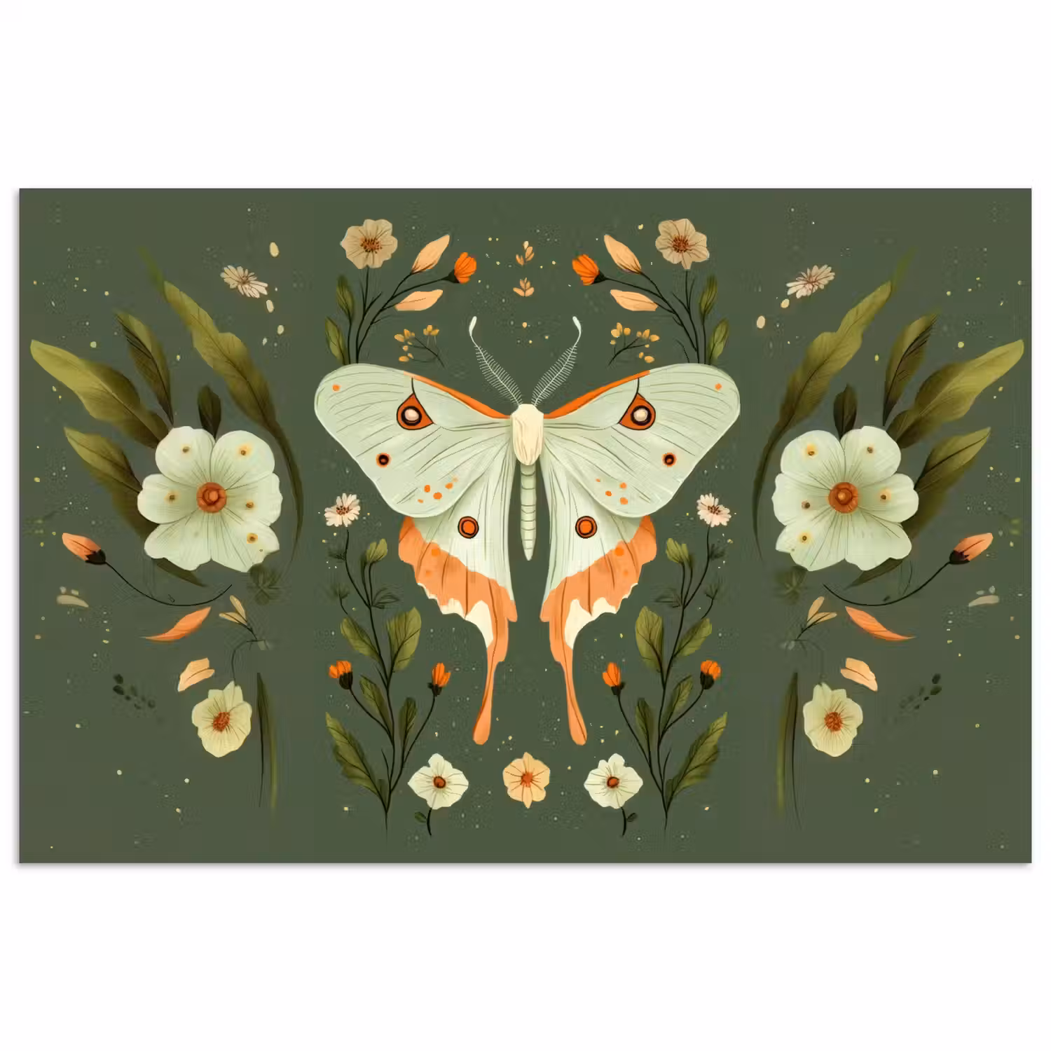 Bloemen - Bladeren - Olijfgroen - Vlinder poster papier klein -3d