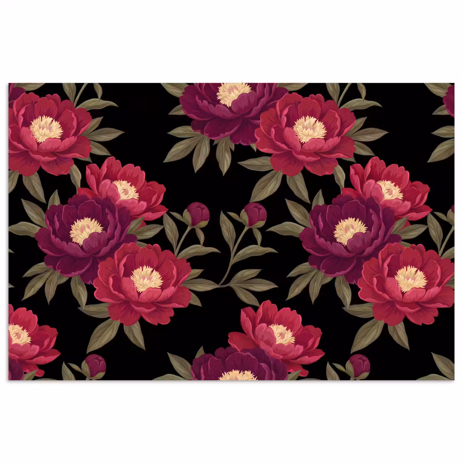 Bloemen - Patroon - Botanisch - Rood - Zwart poster papier klein -3d