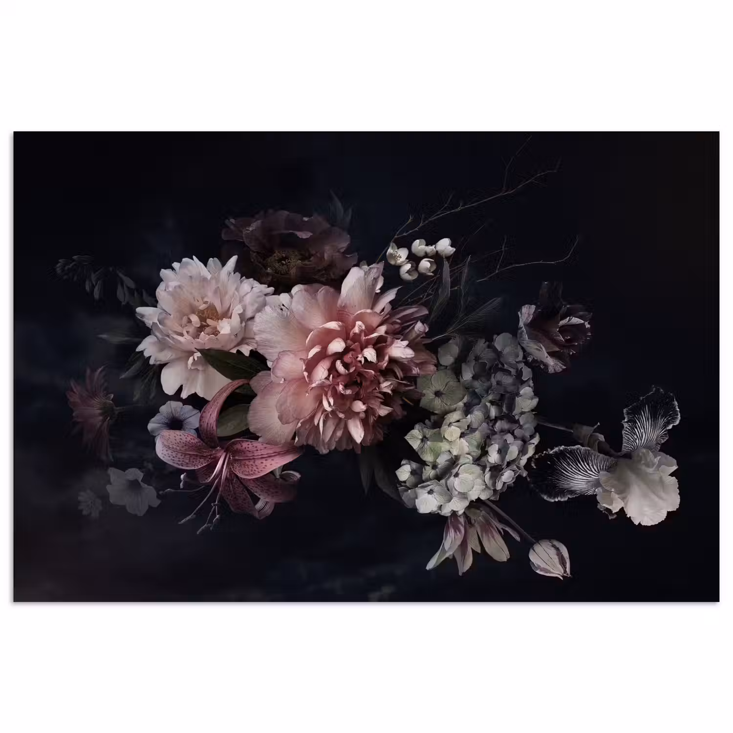 Bloemen - Vintage - Pastel - Zwart - Boeket poster papier klein -3d