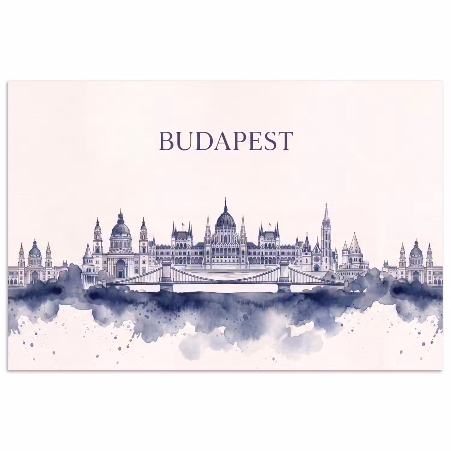 Boedapest - Skyline - Architectuur - Aquarel - Blauw poster papier klein -3d