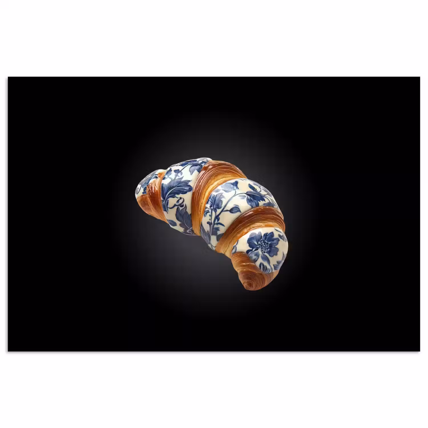 Croissant - Bloemenpatroon - Delftsblauw poster papier klein -3d