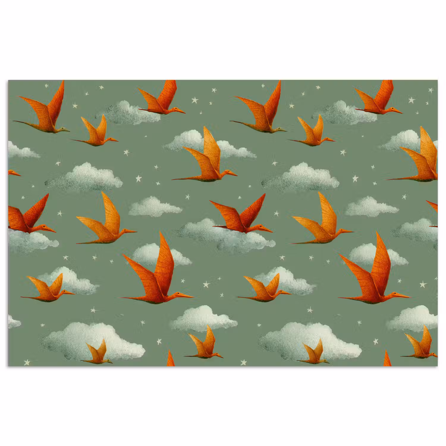 Dinosaurussen - Wolken - Sterren - Oranje poster papier klein -3d