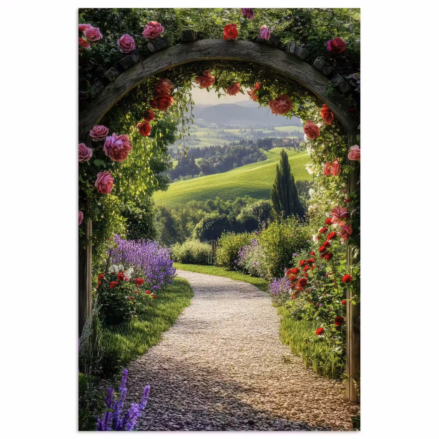 Doorkijk - Tuinboog - Bloemen - Natuur - Pad poster papier klein -3d