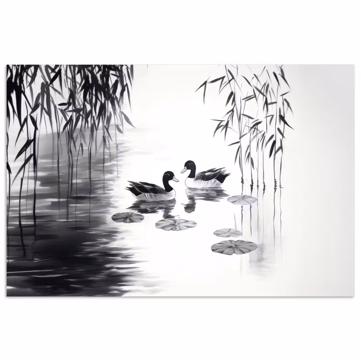 Eenden - Waterlelies - Riet - Zwart poster papier klein -3d