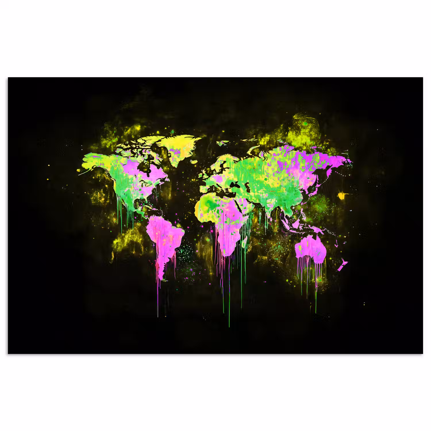 Fluorescerend - Wereldkaart - Druipen - Verf poster papier klein -3d