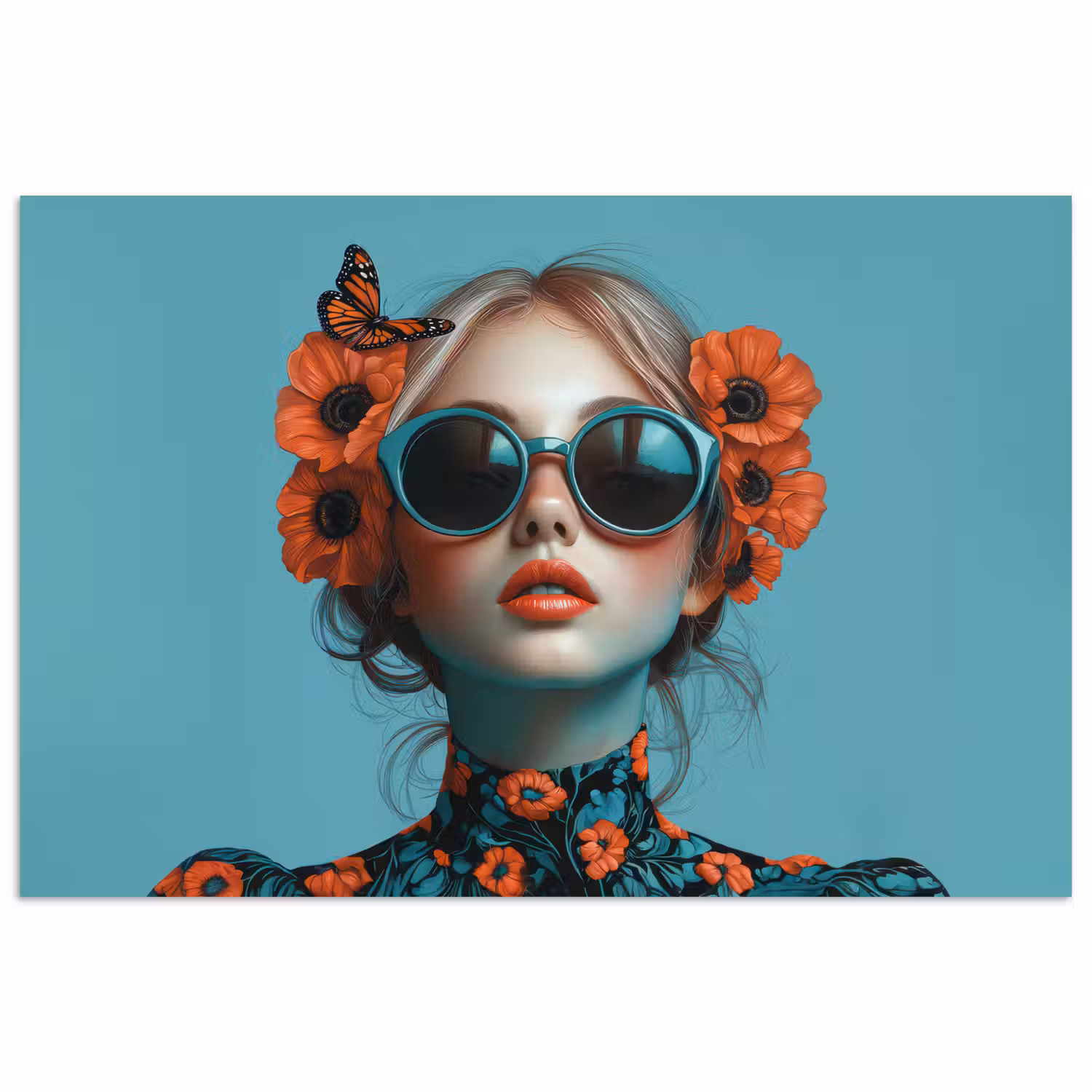 Vrouw - Blauw - Vlinder - Bloemen - Aesthetic poster papier klein -3d