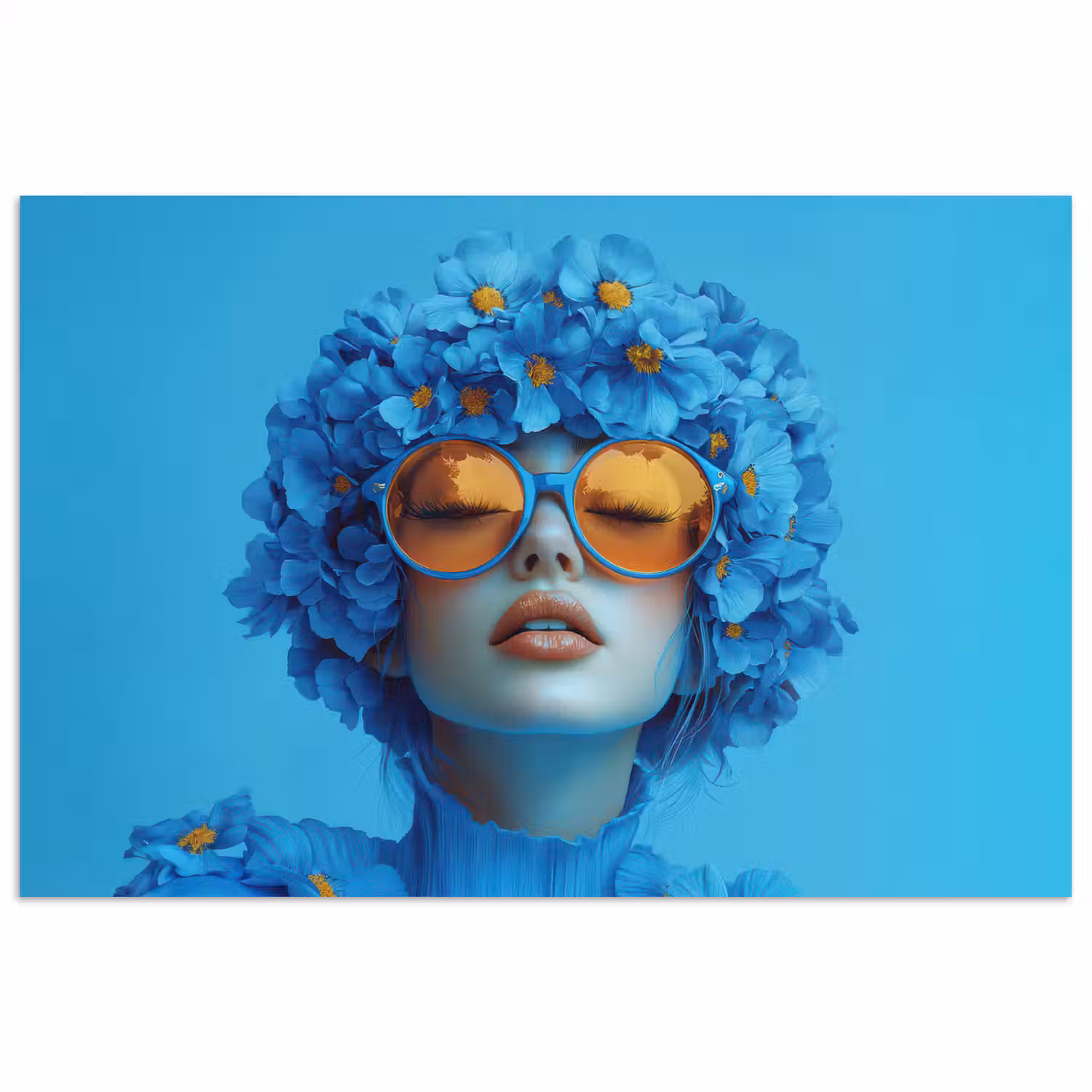 Vrouw - Bloem - Blauw - Modern - Bril - Portret poster papier klein -3d