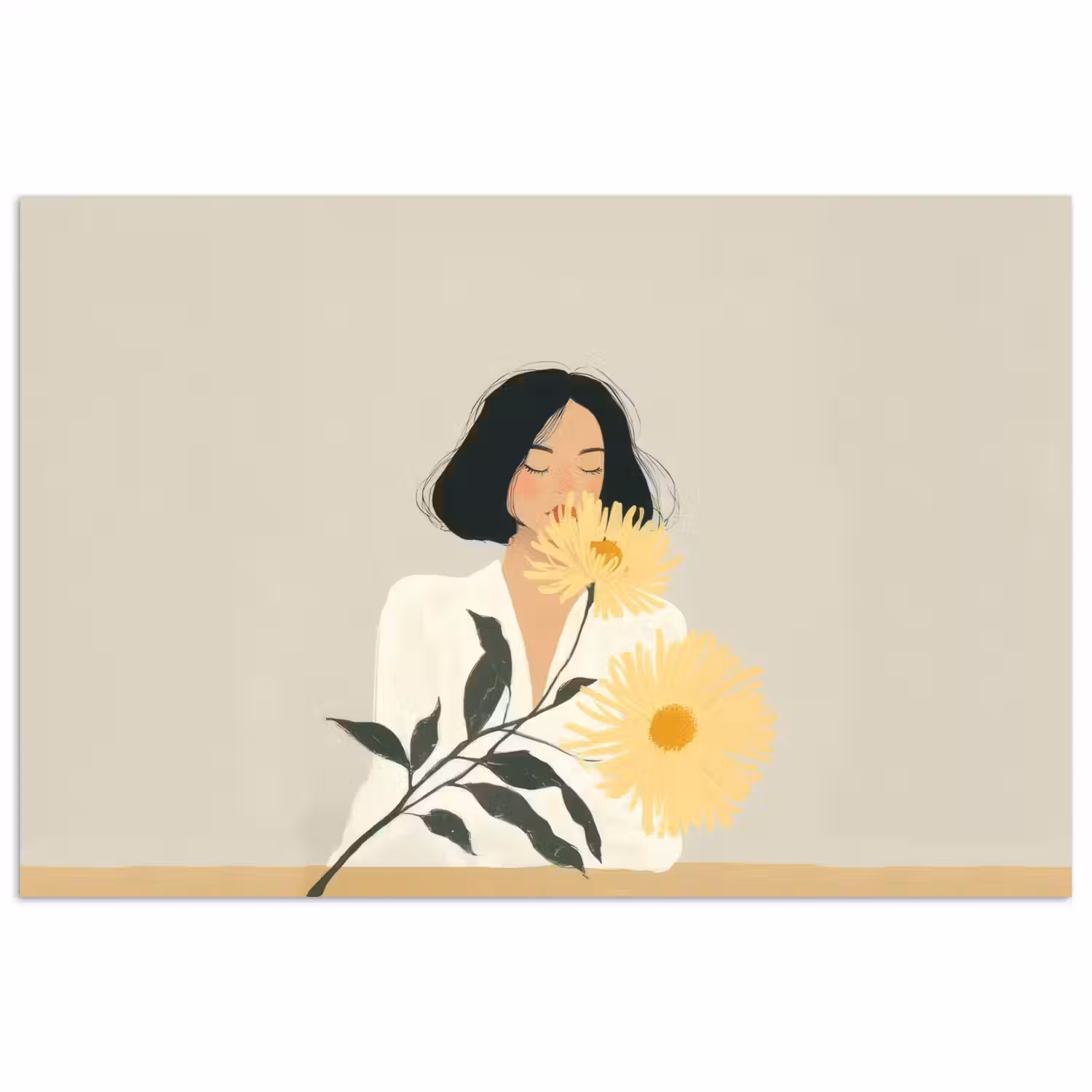 Vrouw - Bloem - Geel - Minimalistisch poster papier klein -3d