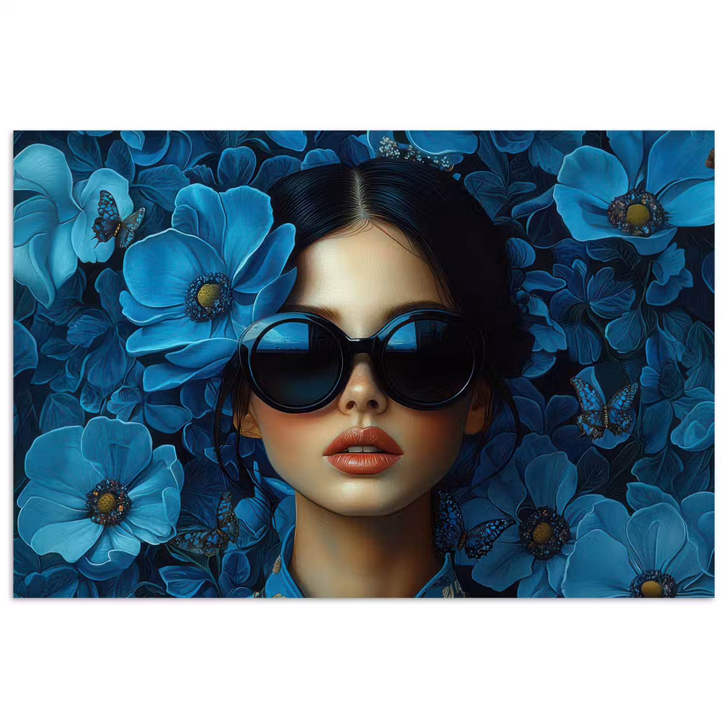 Vrouw - Bloemen - Blauw - Aesthetic - Luxe poster papier klein -3d