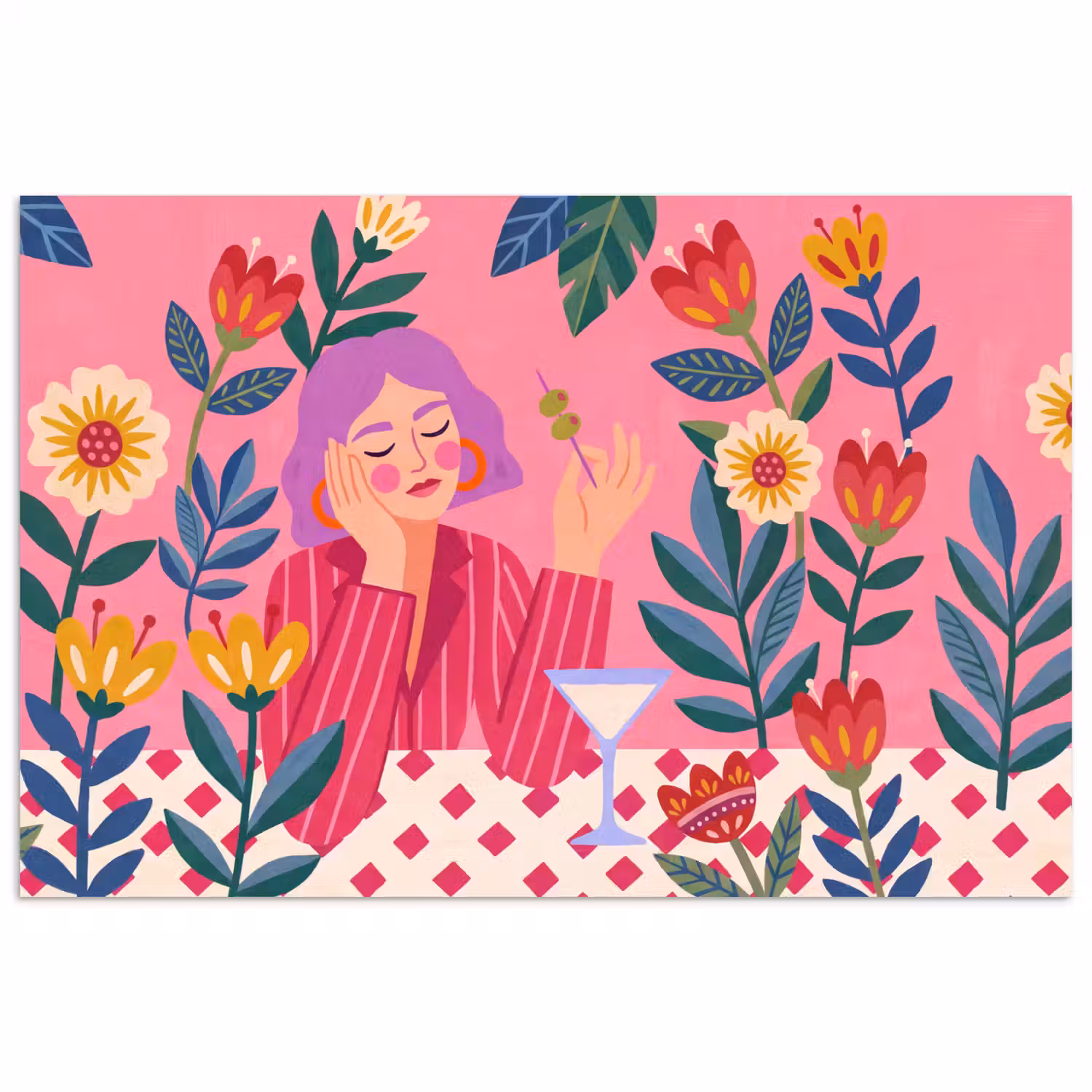 Vrouw - Cocktail - Bloemen - Modern - Roze poster papier klein -3d
