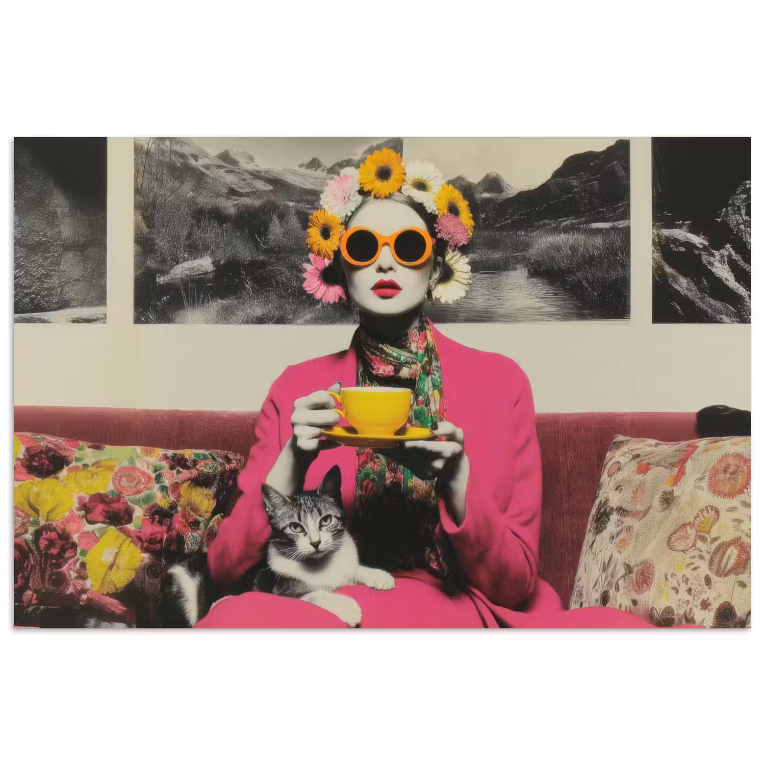 Vrouw - Kat - Bloemen - Kopje - Retro poster papier klein -3d