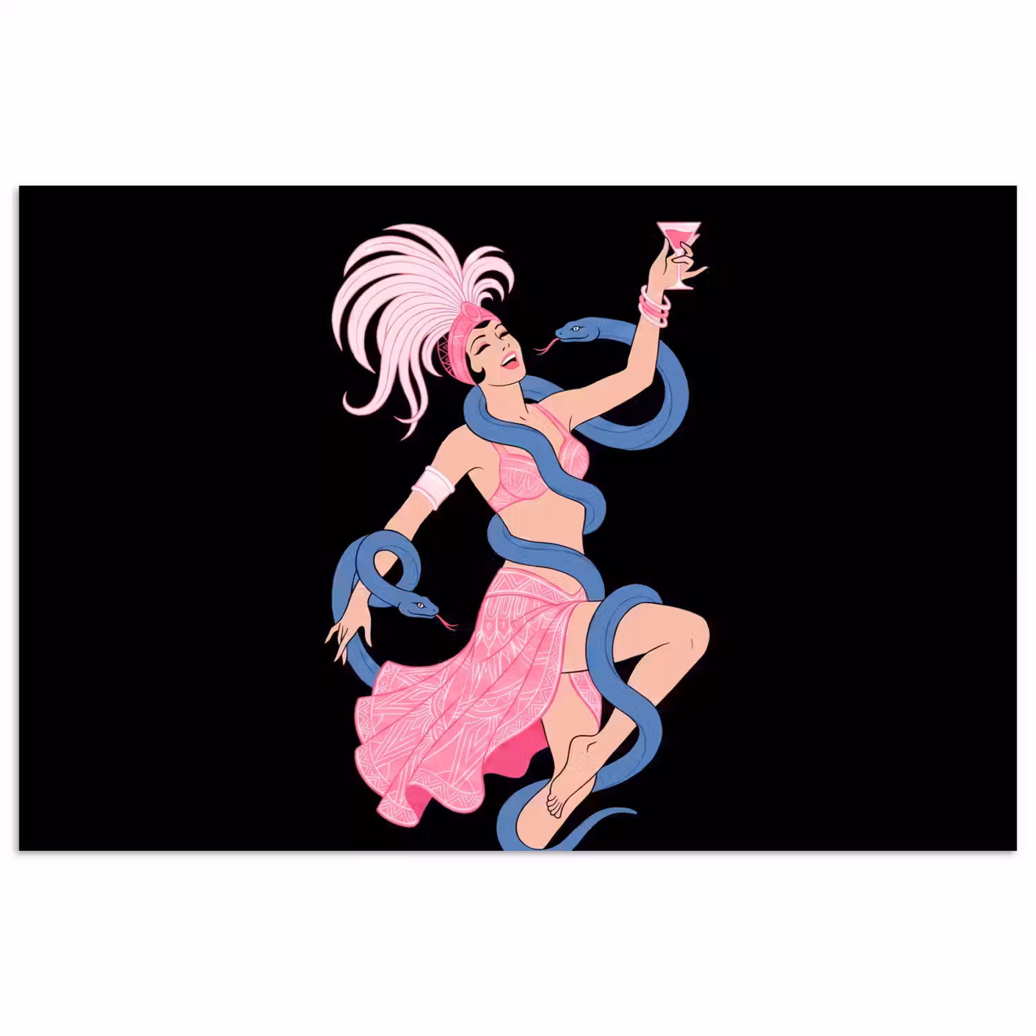 Vrouw - Danseres - Slangen - Art Deco - Roze poster papier klein -3d