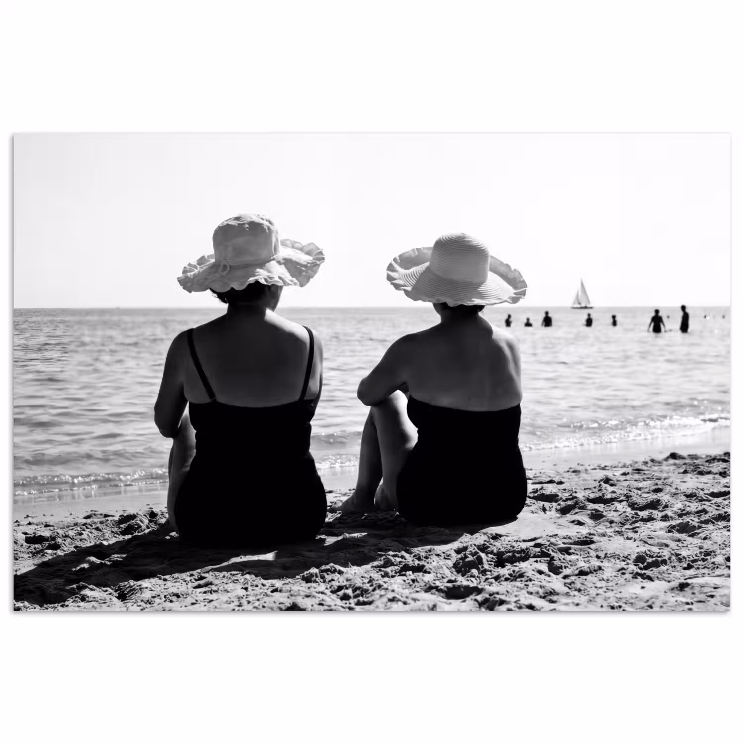 Vrouwen - Zonnehoed - Strand - Zwart - Wit poster papier klein -3d