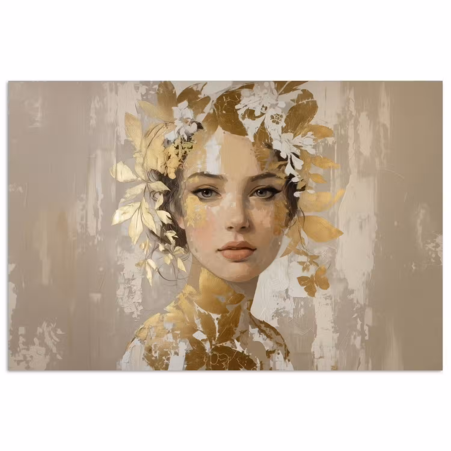 Gezicht - Vrouw - Bladeren - Goud poster papier klein -3d