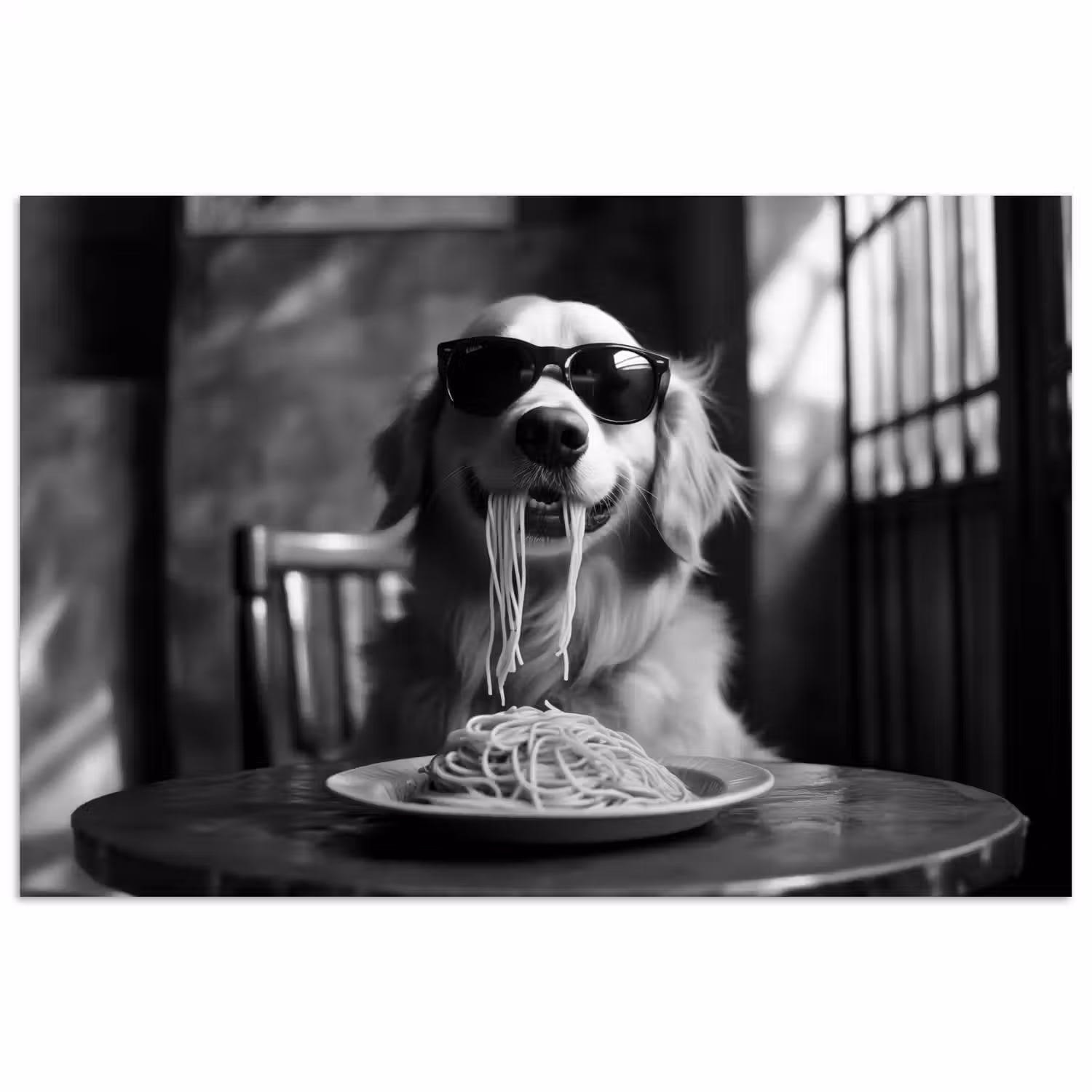 Golden Retriever - Hond - Vrolijk - Bord spaghetti - Zwart - wit poster papier klein -3d