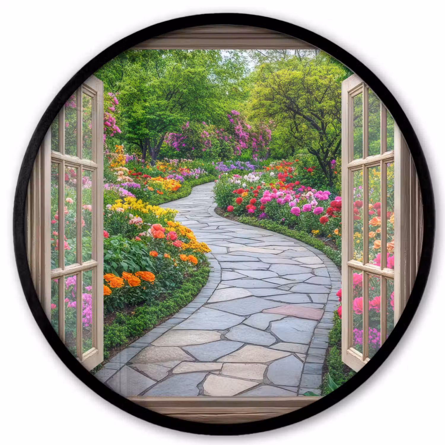 Doorkijk - Bloemen - Tuinpad - Natuur - Raam Fotolijst rond zonder passe partout klein -3d